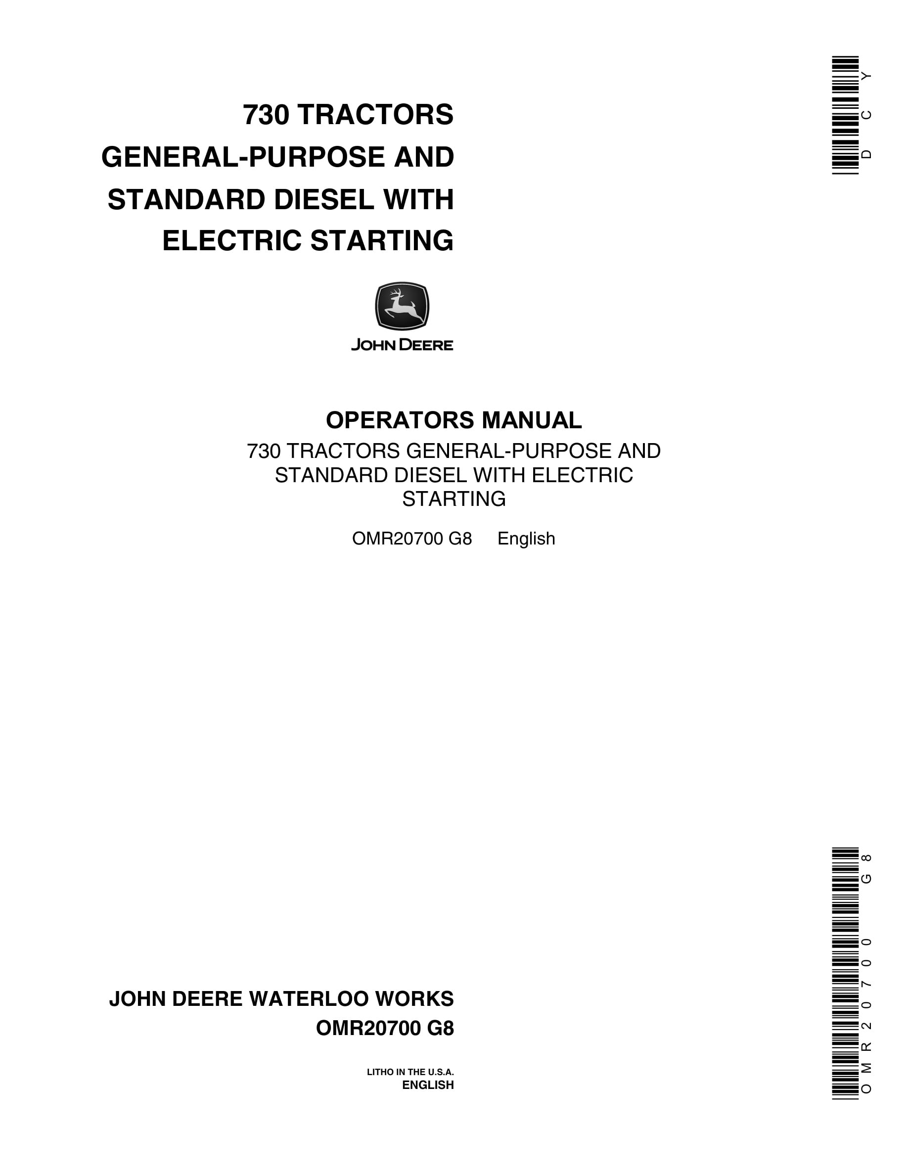 John Deere 730 Tractor Operator Manual OMR20700-1