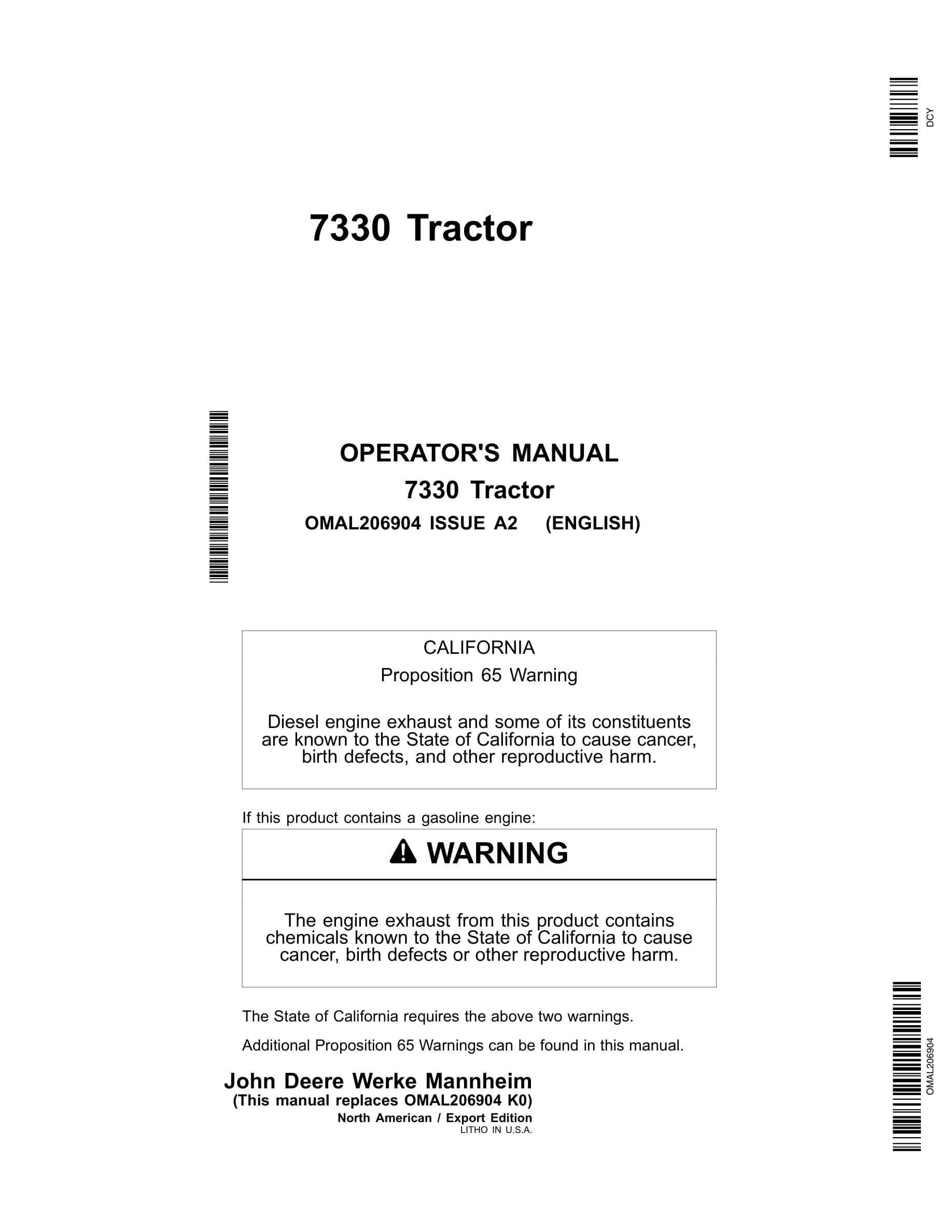 John Deere 7330 Tractors Operator Manual OMAL206904-1
