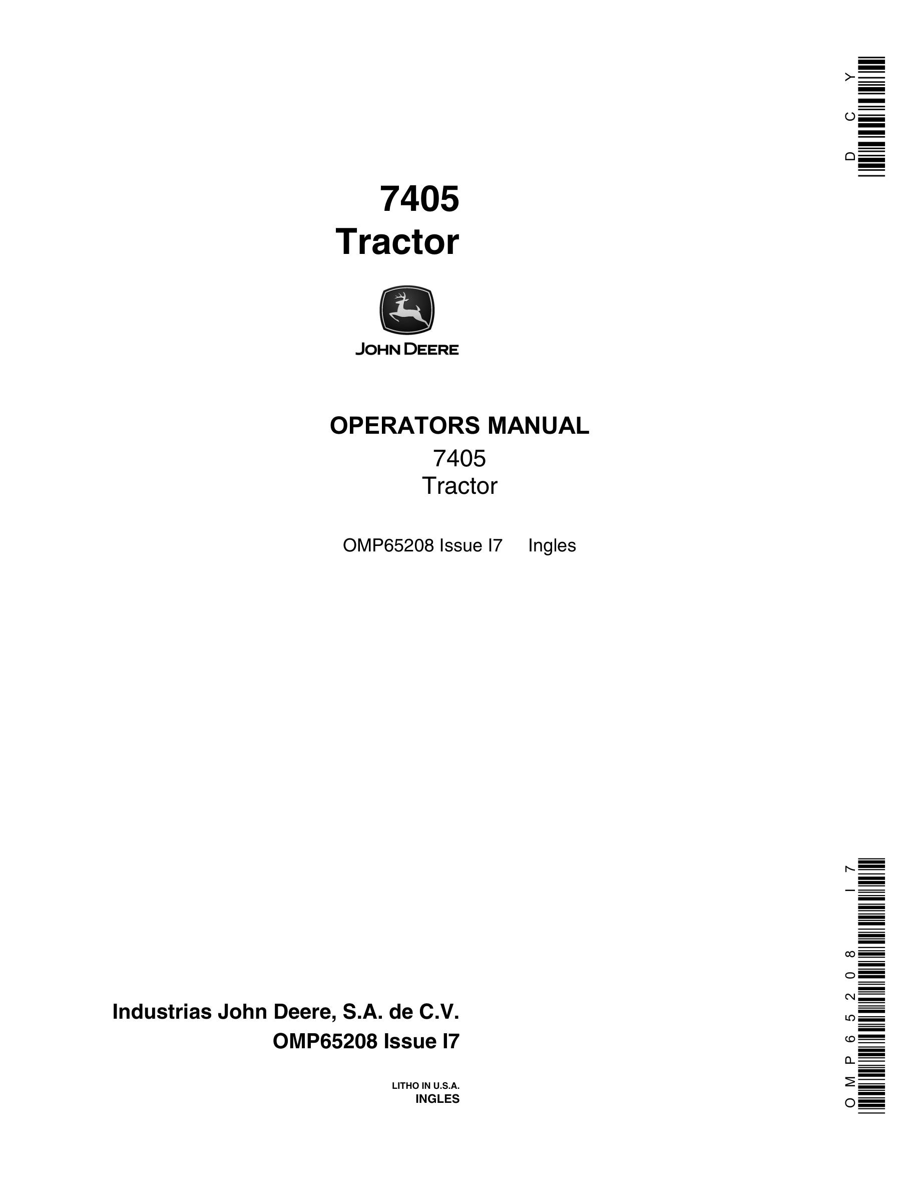 John Deere 7405 Tractors Operator Manual OMP65208-1