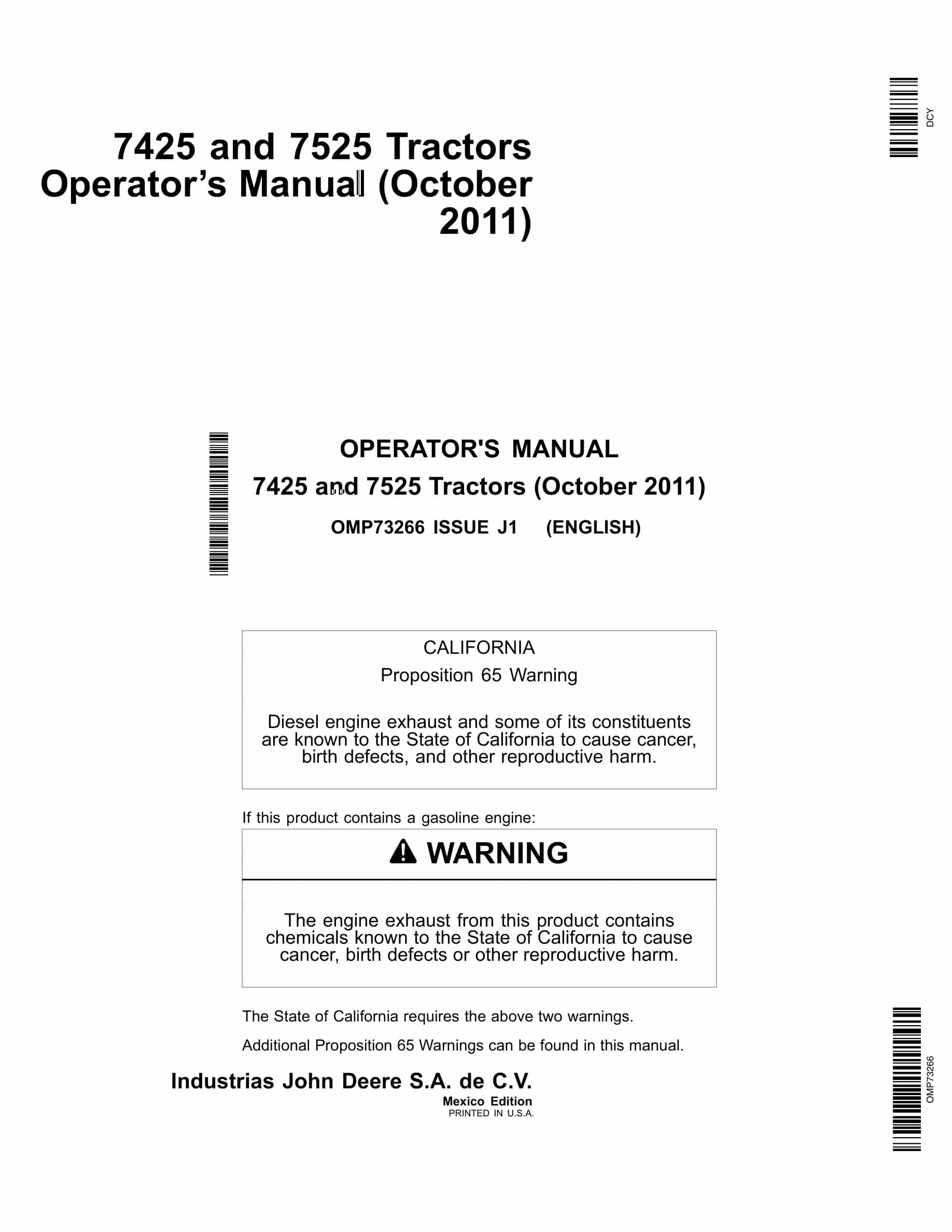 John Deere 7425 And 7525 Tractors Operator Manuals OMP73266-1