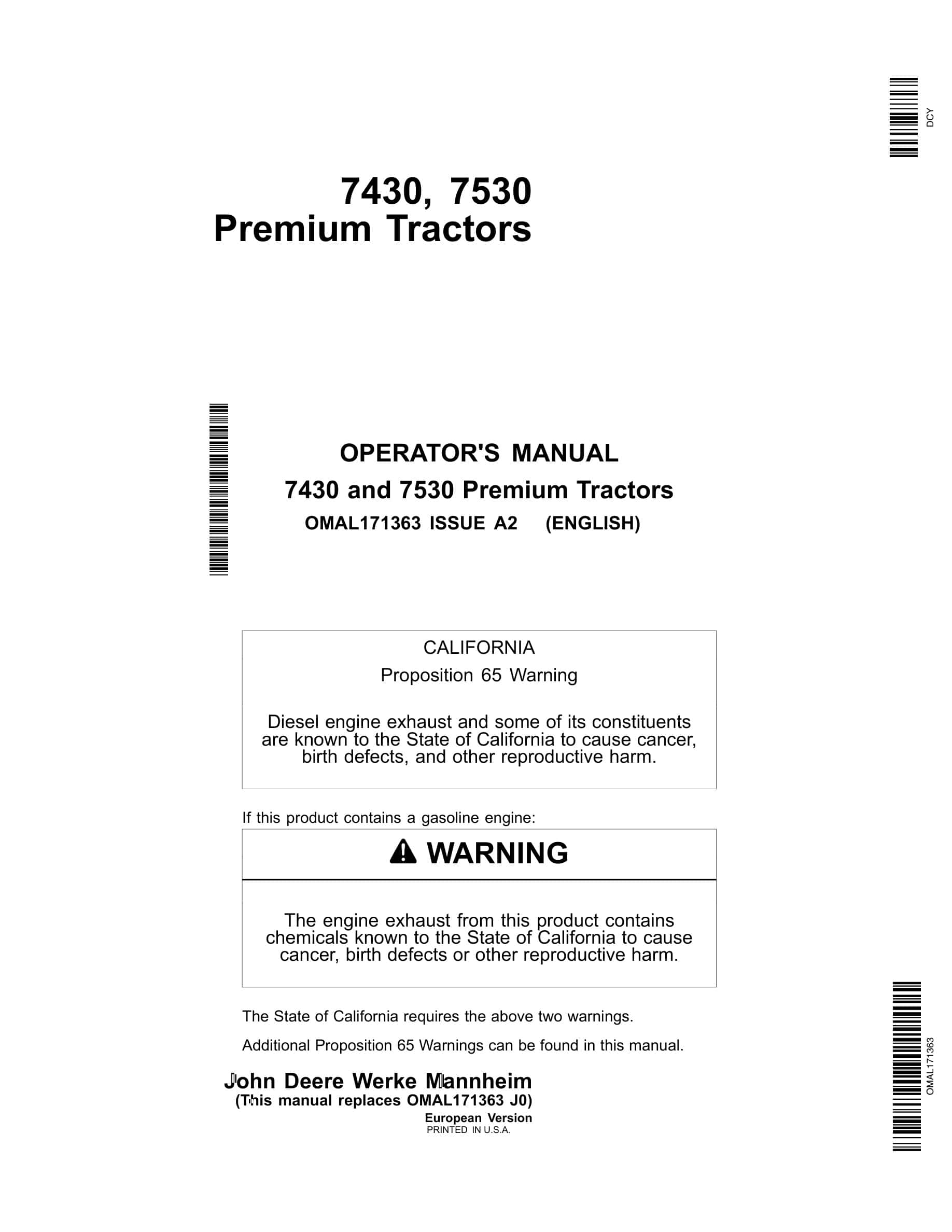 John Deere 7430 And 7530 Premium Tractors Operator Manuals OMAL171363-1