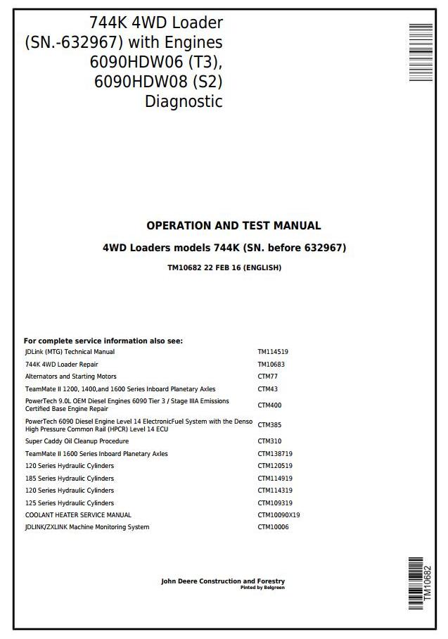 John Deere 744K 4WD Loader Diagnostic Operation Test Manual TM10682