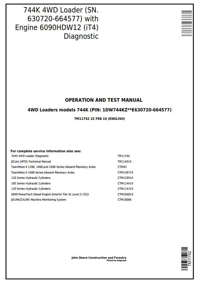 John Deere 744K 4WD Loader Diagnostic Operation Test Manual TM11742