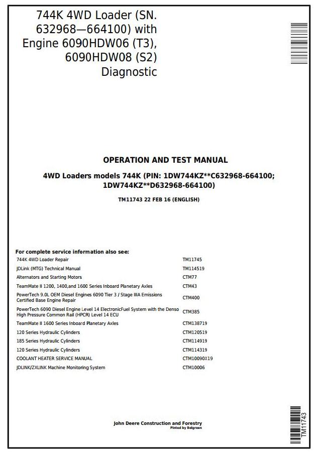 John Deere 744K 4WD Loader Diagnostic Operation Test Manual TM11743
