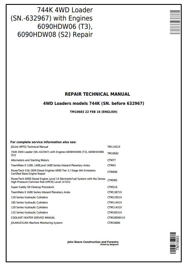 John Deere 744K 4WD Loader Repair Technical Manual TM10683