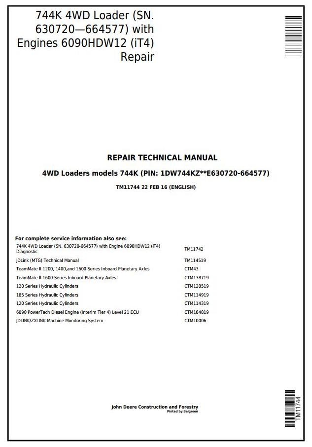 John Deere 744K Loader Repair Technical Manual TM11744