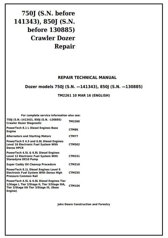 John Deere 750J 850J Crawler Dozer Repair Technical Manual TM2261