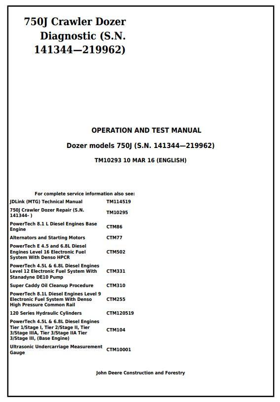 John Deere 750J Crawler Dozer Diagnostic Operation Test Manual TM10293
