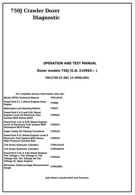 John Deere 750J Crawler Dozer Diagnostic Operation Test Manual TM12709