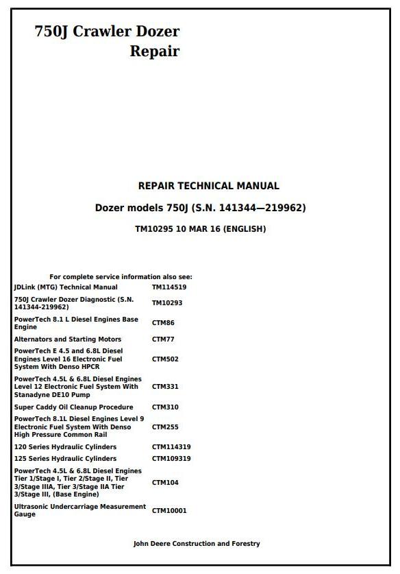 John Deere 750J Crawler Dozer Repair Technical Manual TM10295