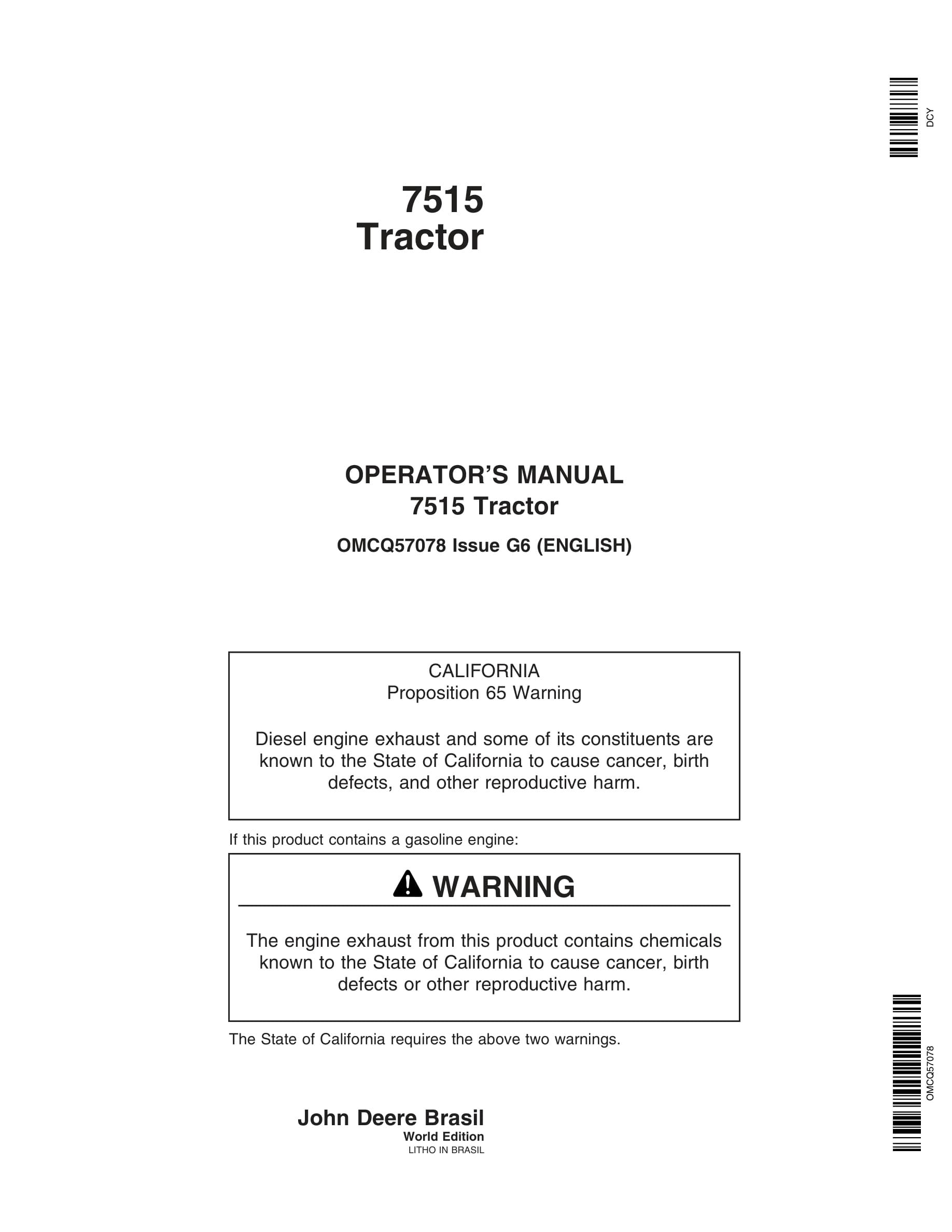 John Deere 7515 Tractors Operator Manual OMCQ57078-1