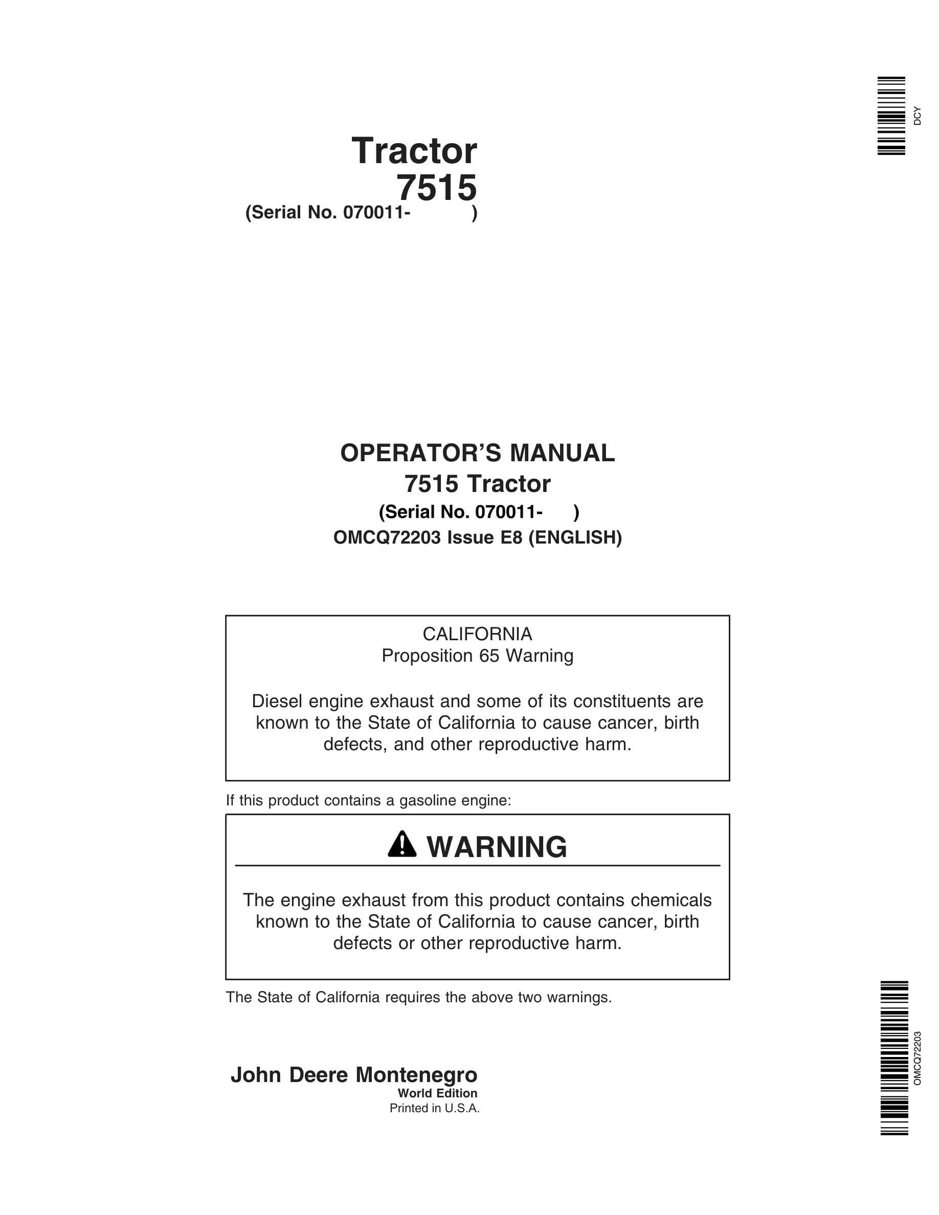 John Deere 7515 Tractors Operator Manual OMCQ72203-1