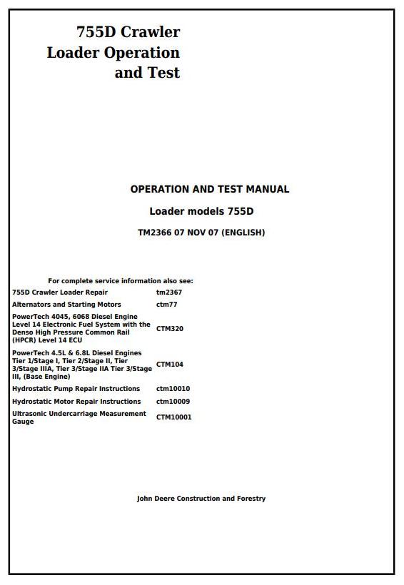 John Deere 755D Crawler Loader Operation Test Manual TM2366