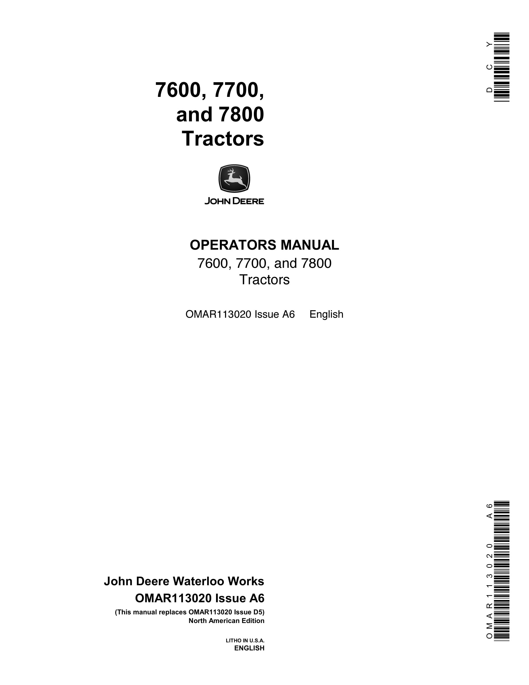 John Deere 7600 7700 7800 Tractor Operator Manual OMAR113020-1