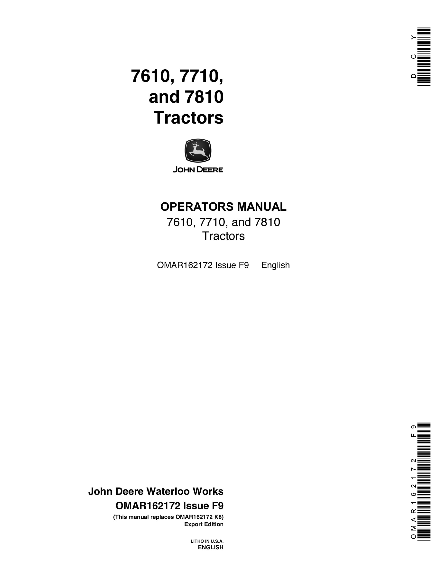 John Deere 7610 7710 7810 Tractors Operator Manuals OMAR162172-1