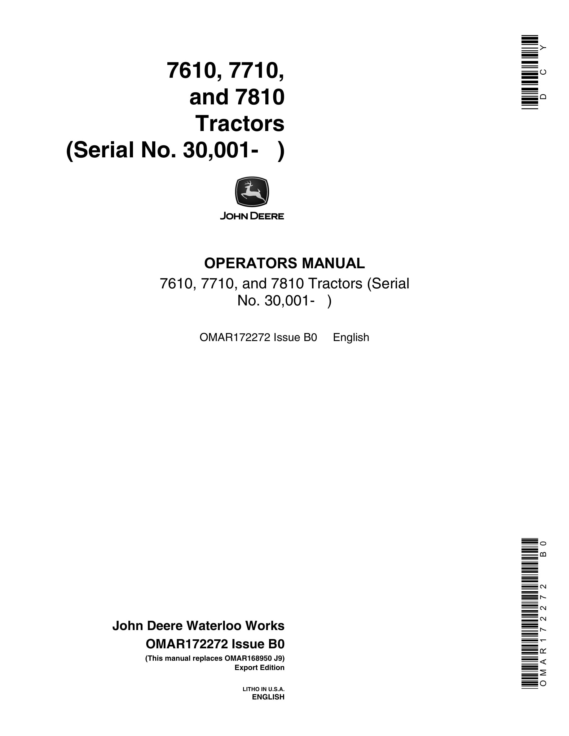 John Deere 7610, 7710, And 7810 Tractors Operator Manuals OMAR172272-1