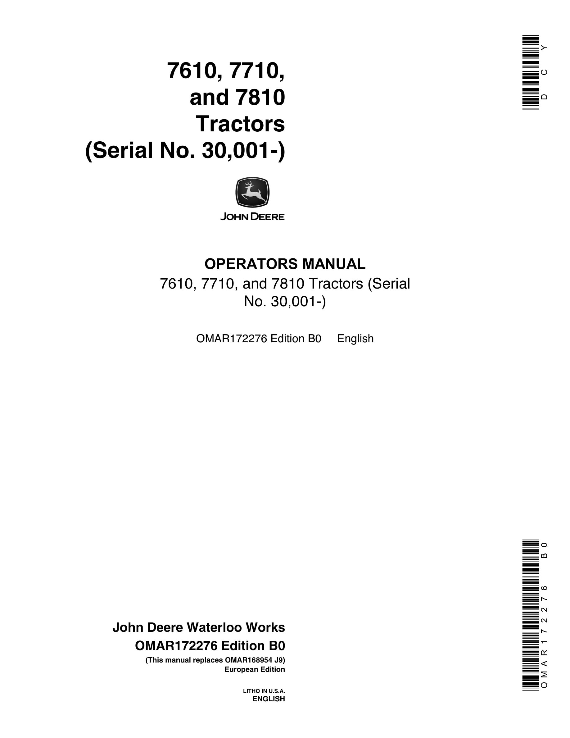 John Deere 7610, 7710, And 7810 Tractors Operator Manuals OMAR172276-1