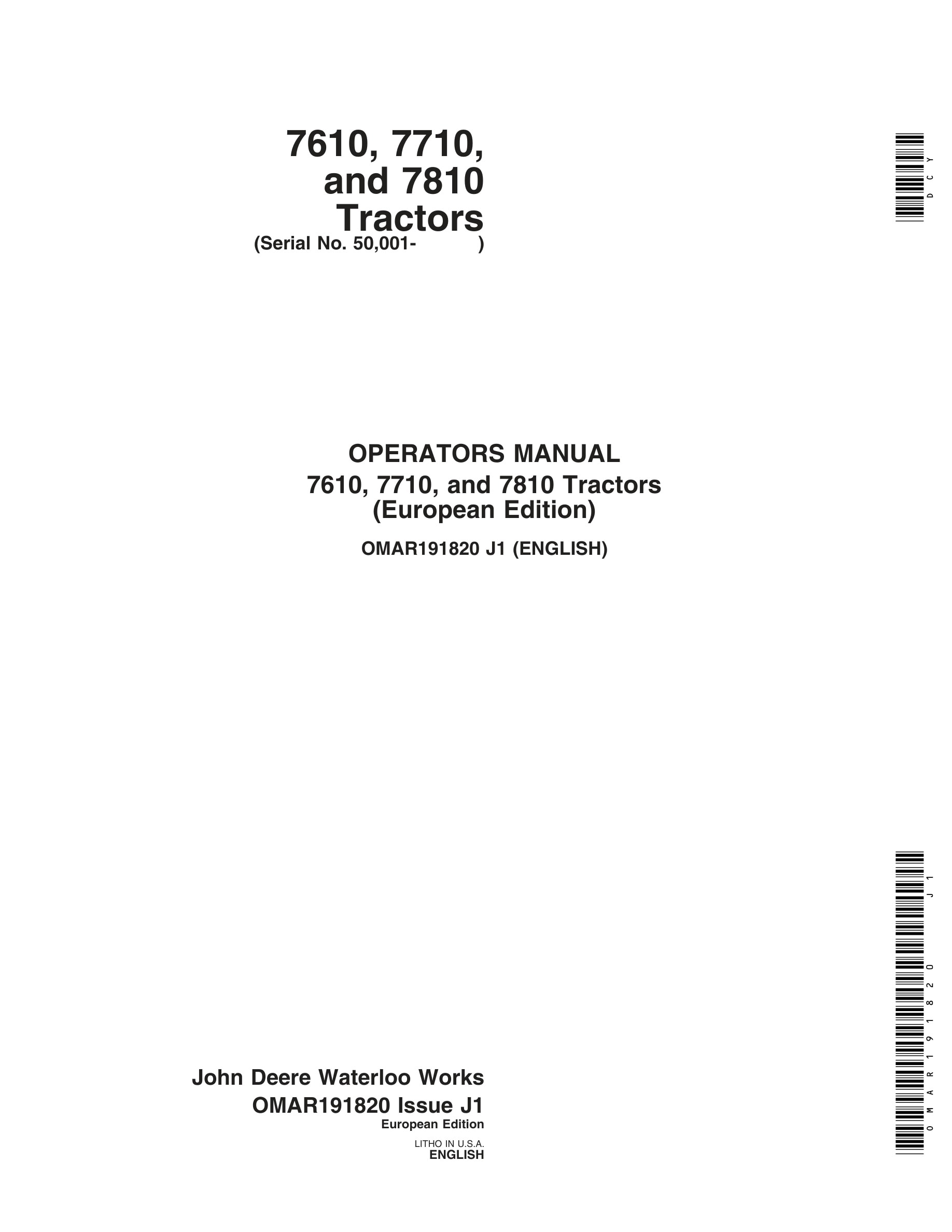 John Deere 7610, 7710, And 7810 Tractors Operator Manuals OMAR191820-1