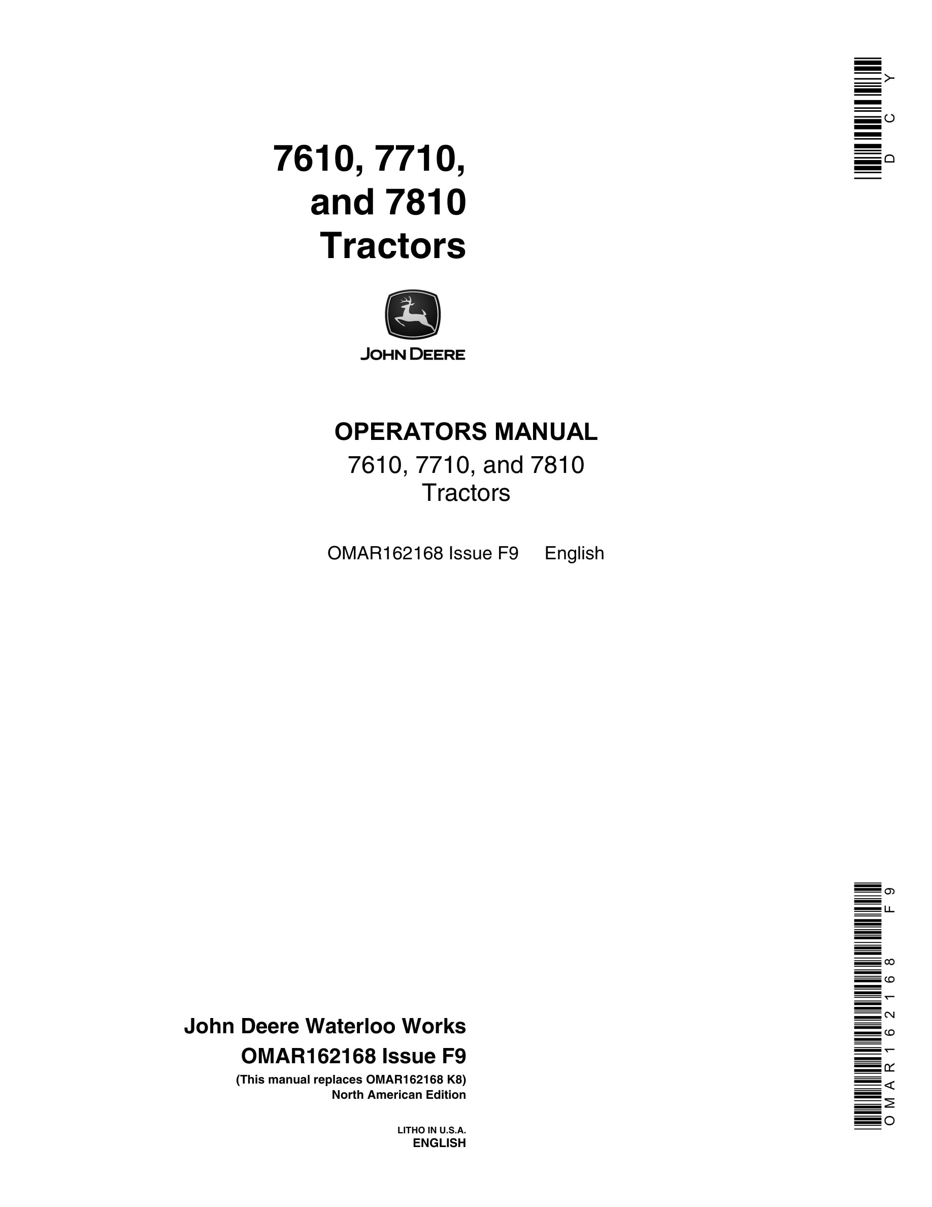 John Deere 7610, 7710, and 7810 Tractor Operator Manual OMAR162168-1