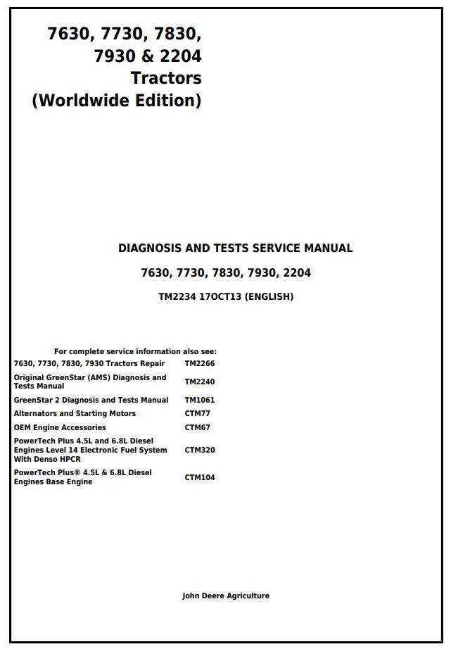 John Deere 7630 7730 7830 7930 2204 Tractor Diagnosis Test Service Manual TM2234