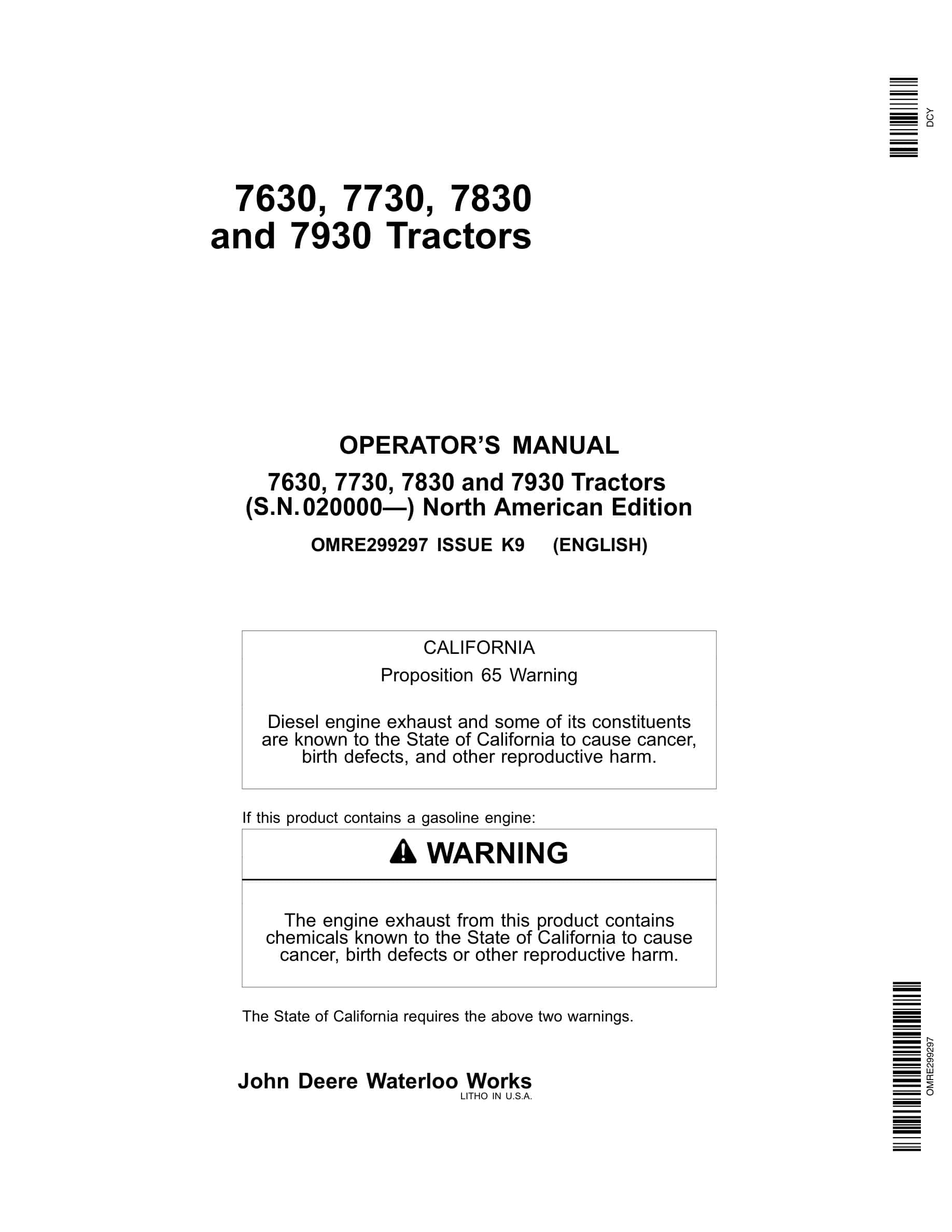 John Deere 7630 7730 7830 7930 Tractor Operator Manual OMRE299297-1