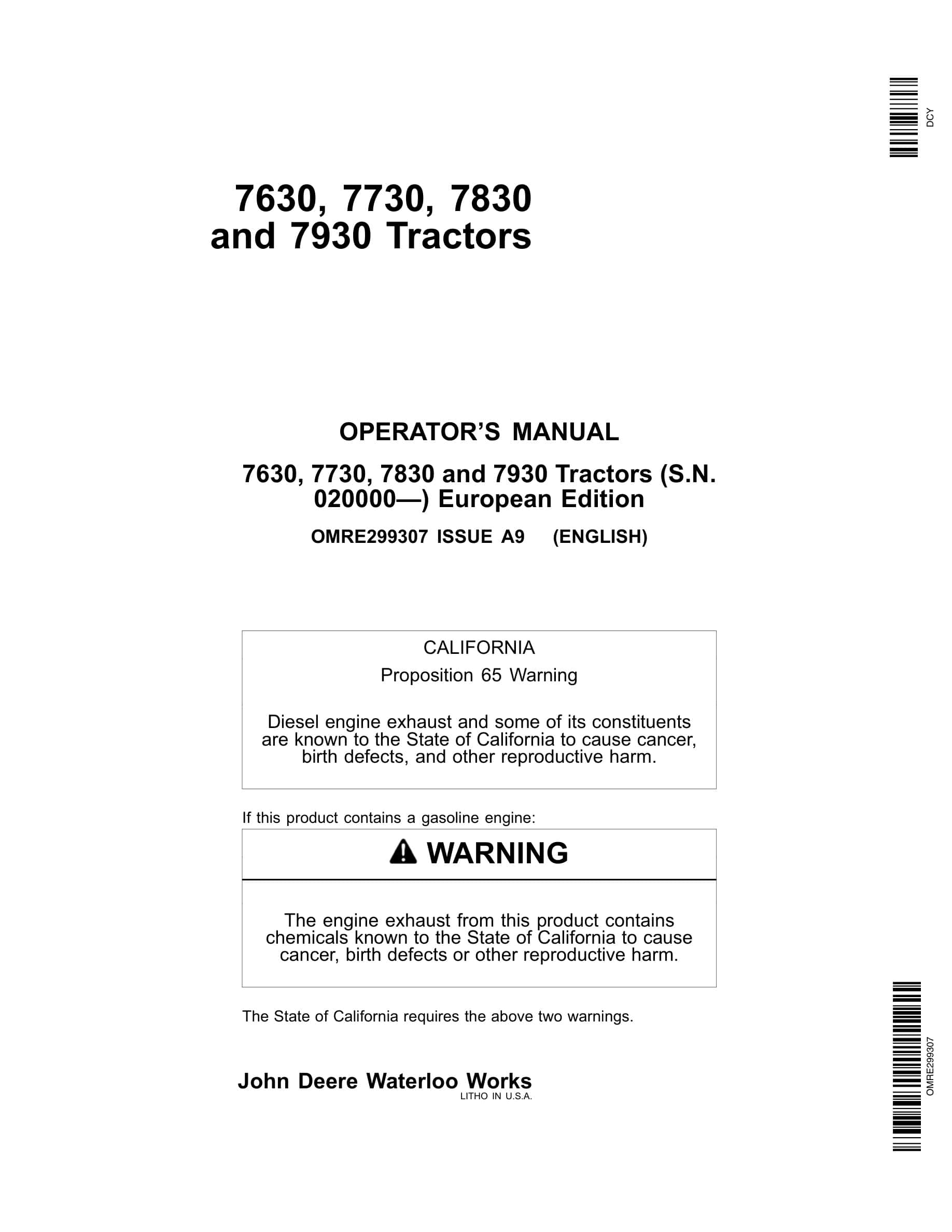 John Deere 7630 7730 7830 7930 Tractors Operator Manuals OMRE299307-1