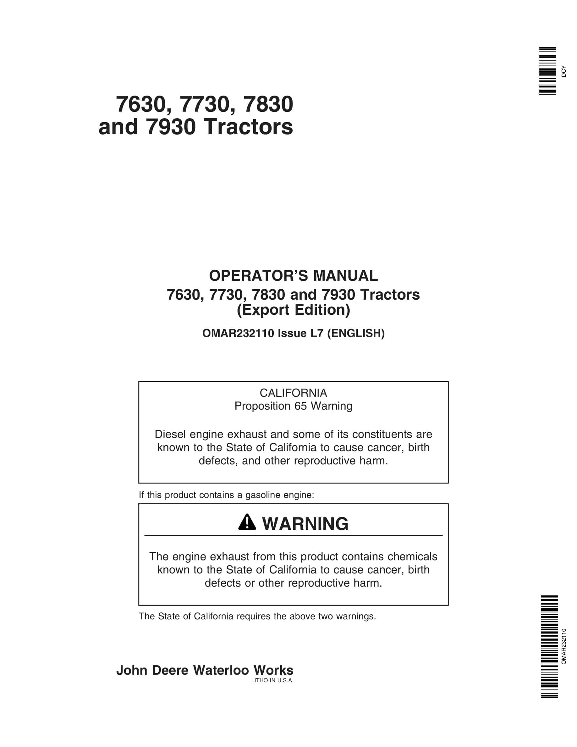 John Deere 7630, 7730, 7830 And 7930 Tractors Operator Manuals OMAR232110-1