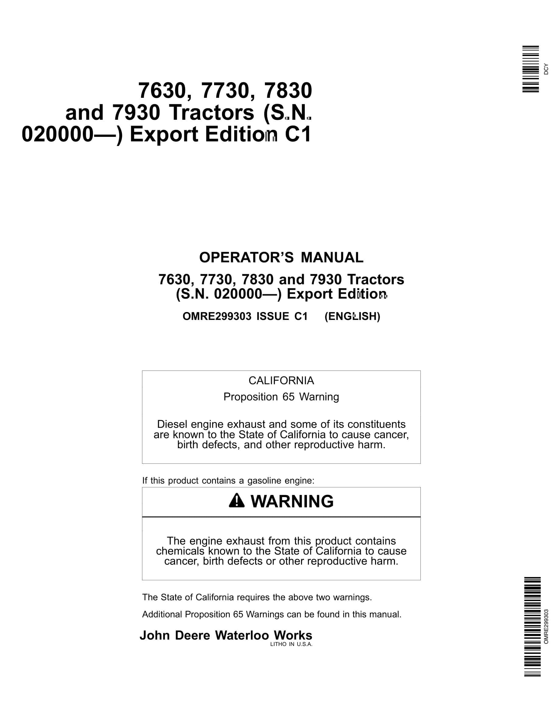 John Deere 7630, 7730, 7830 And 7930 Tractors Operator Manuals OMRE299303-1