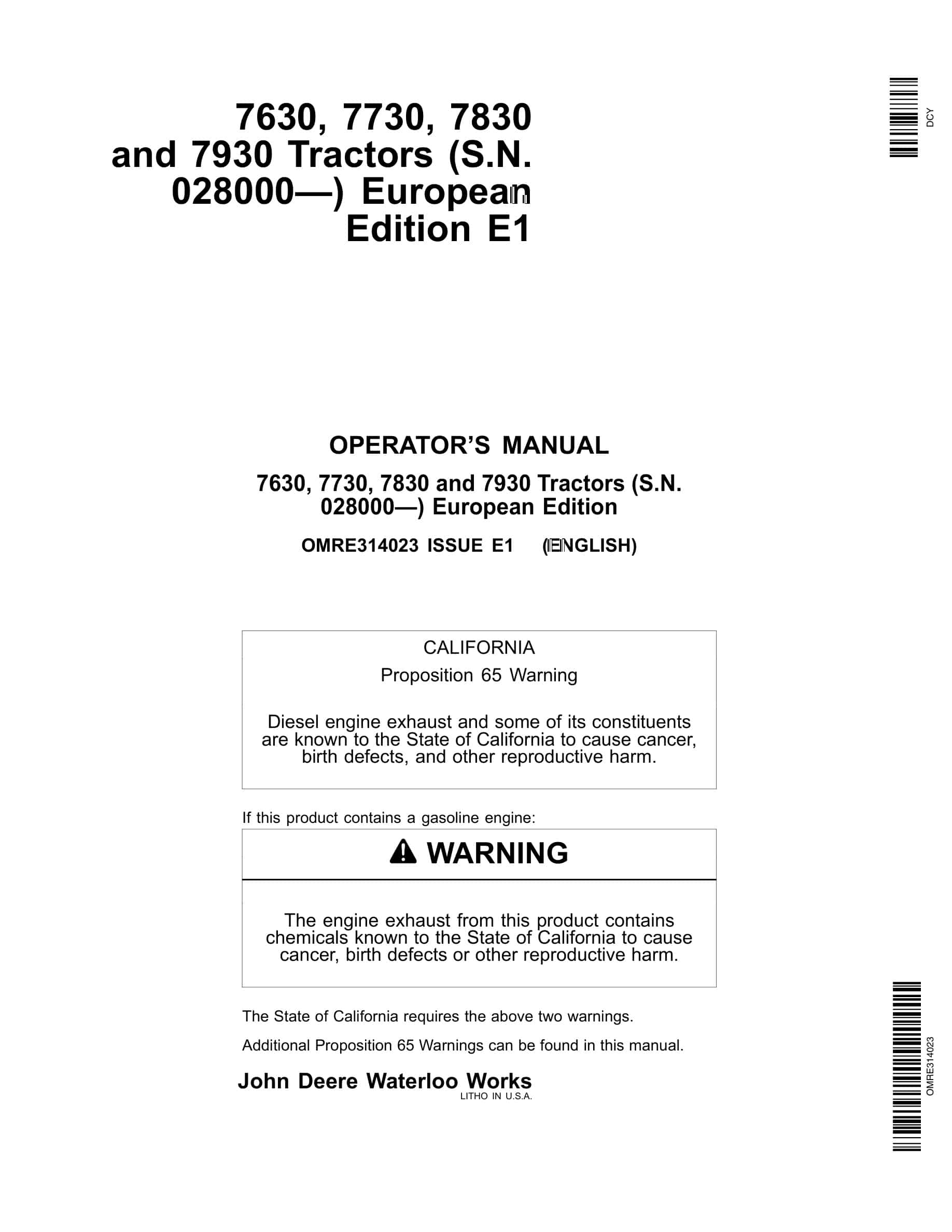 John Deere 7630, 7730, 7830 And 7930 Tractors Operator Manuals OMRE314023-1