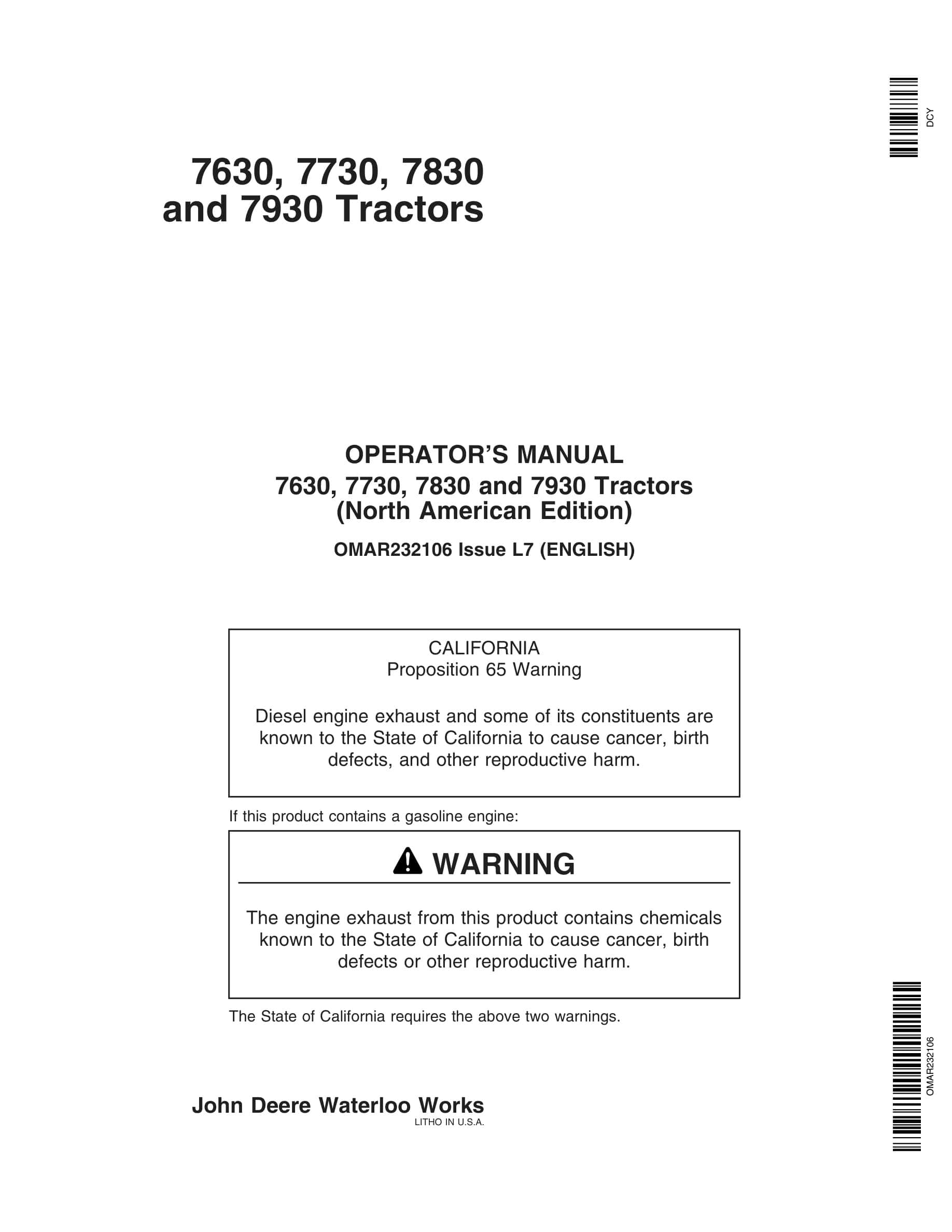 John Deere 7630, 7730, 7830 and 7930 Tractor Operator Manual OMAR232106-1