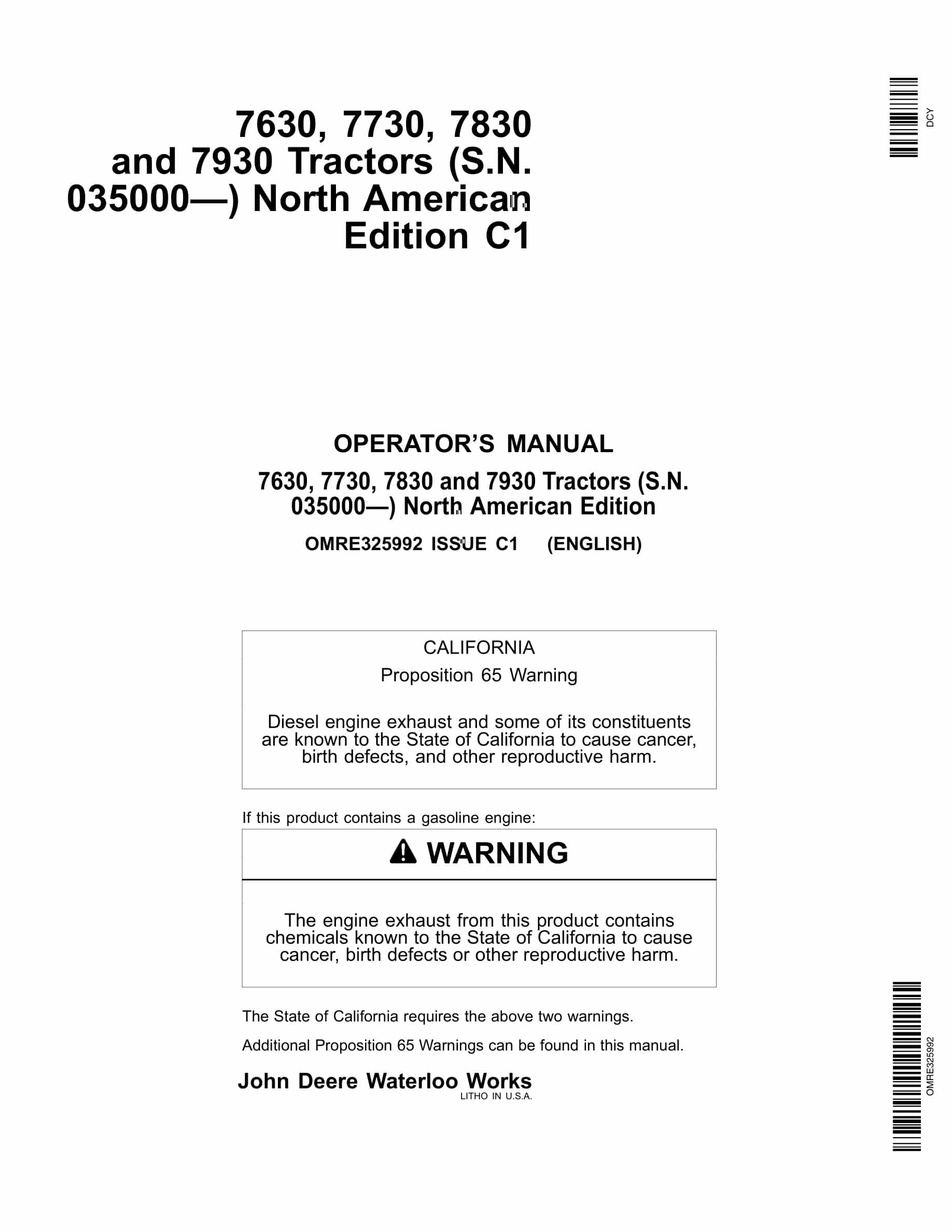 John Deere 7630, 7730, 7830 and 7930 Tractor Operator Manual OMRE325992-1