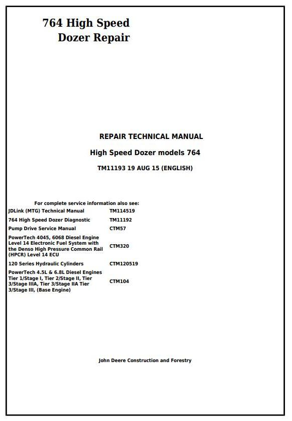 John Deere 764 High Speed Dozer Repair Technical Manual TM11193