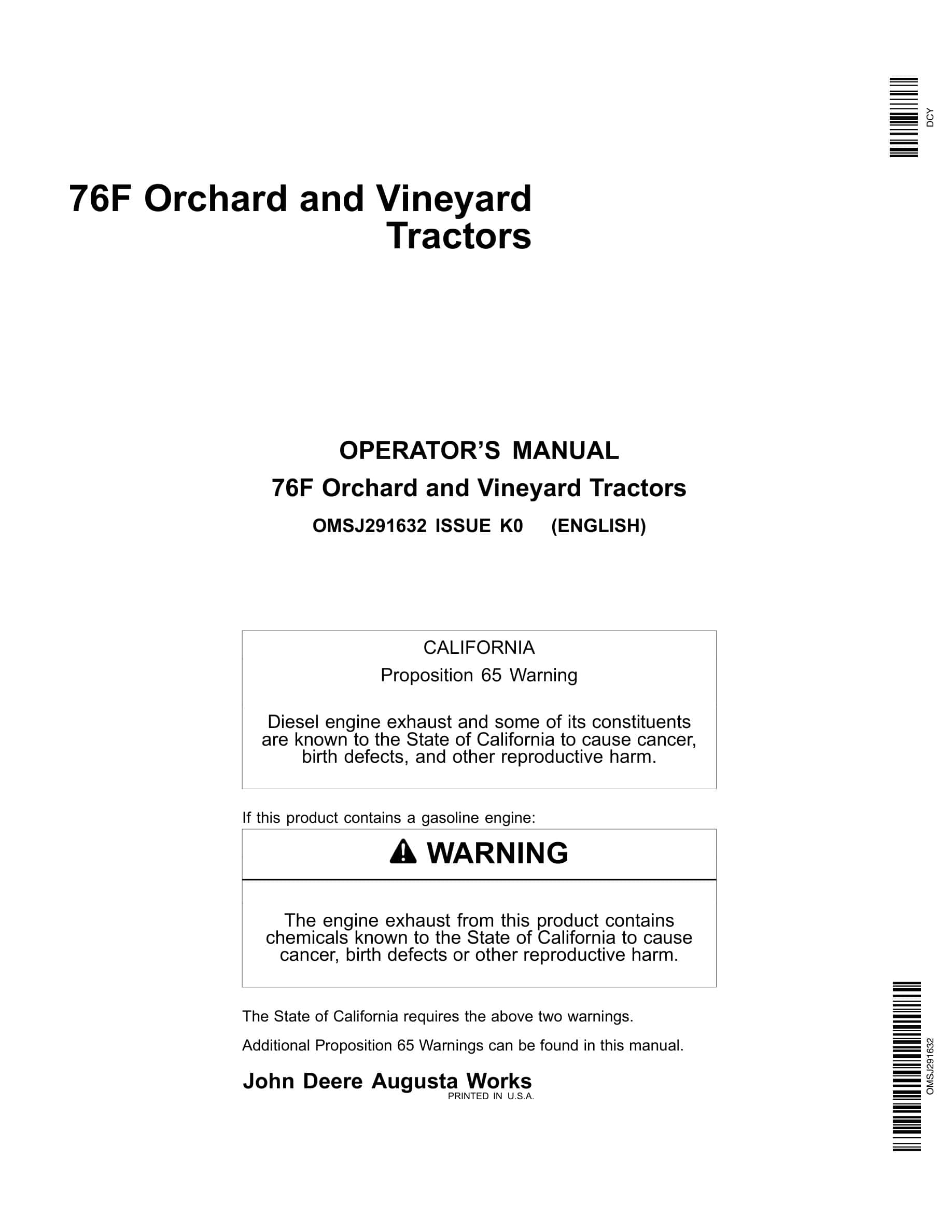 John Deere 76f Orchard And Vineyard Tractors Operator Manuals OMSJ291632-1