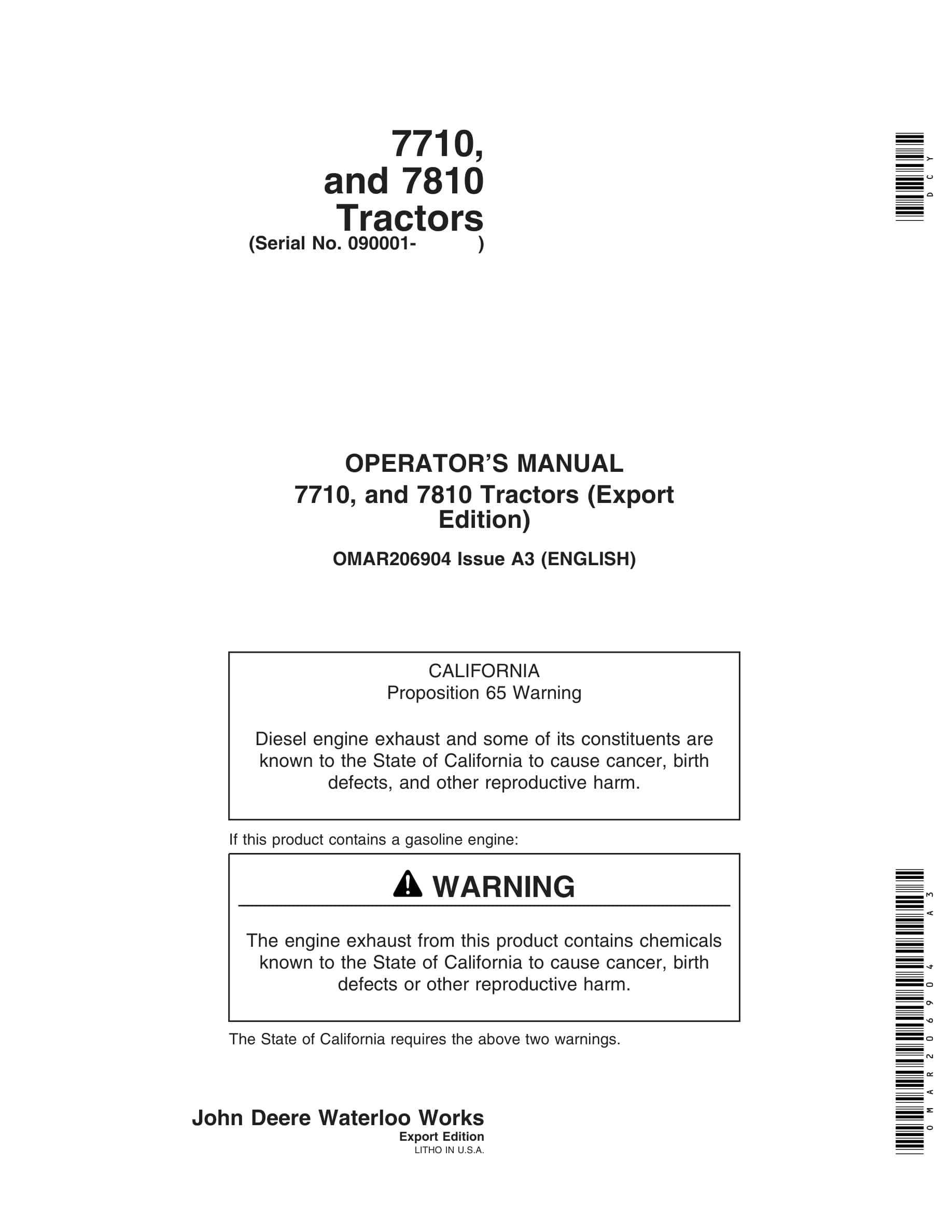 John Deere 7710, And 7810 Tractors Operator Manuals OMAR206904-1