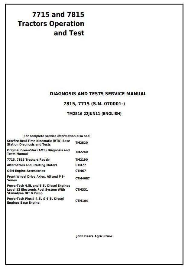 John Deere 7715 7815 Tractor Diagnosis Test Service Manual TM2516