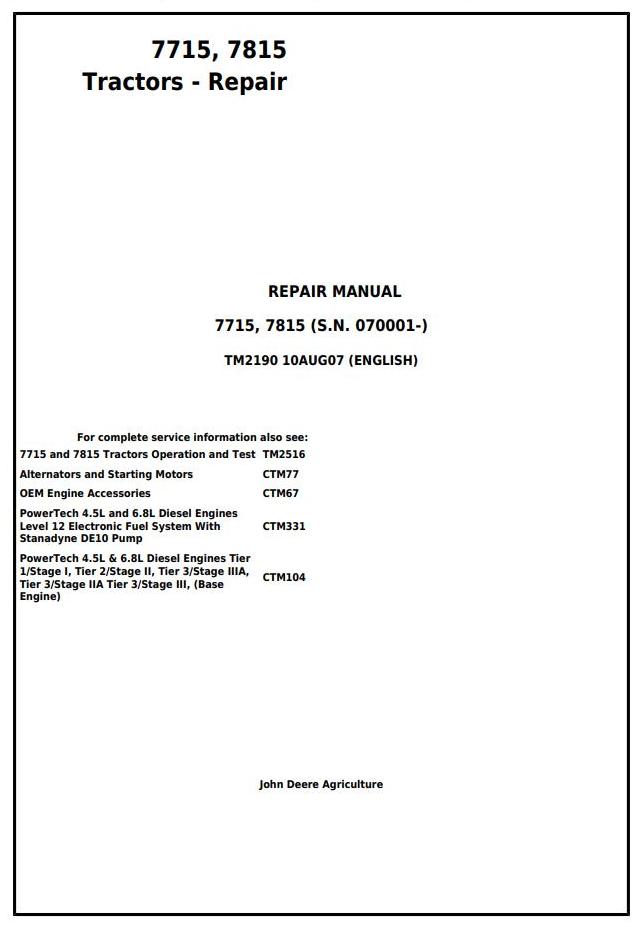 John Deere 7715 7815 Tractor Repair Technical Manual TM2190