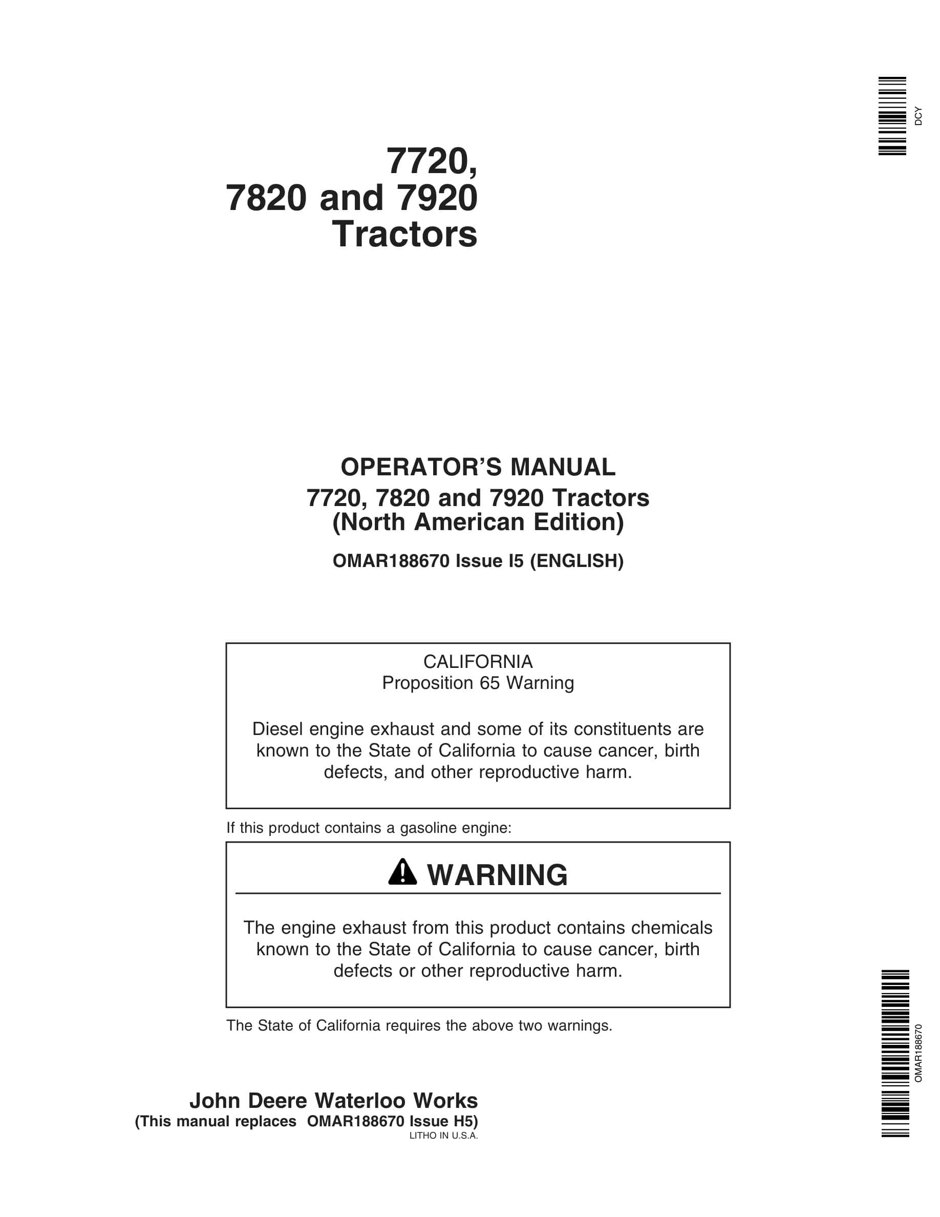 John Deere 7720, 7820 and 7920 Tractor Operator Manual OMAR188670-1