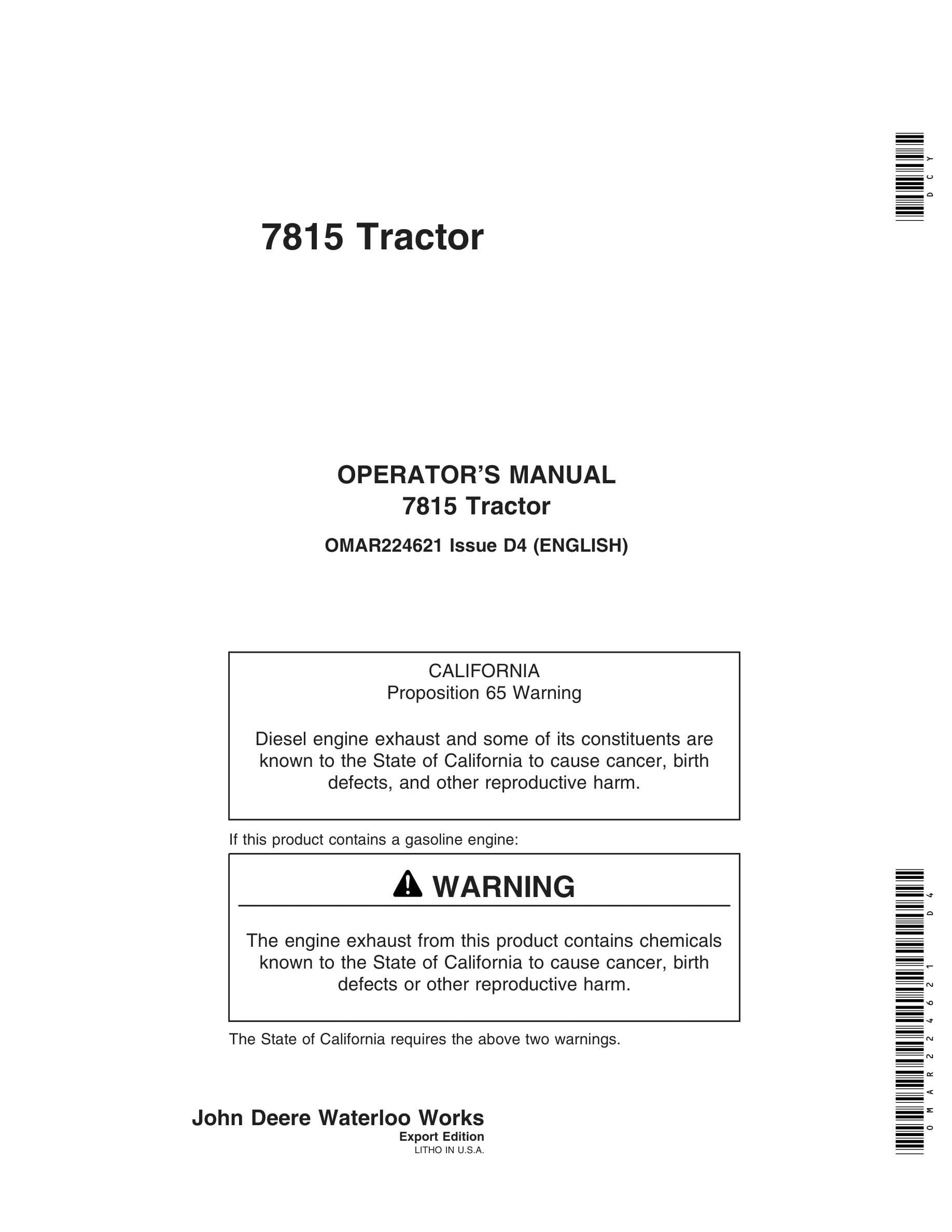 John Deere 7815 Tractors Operator Manual OMAR224621-1
