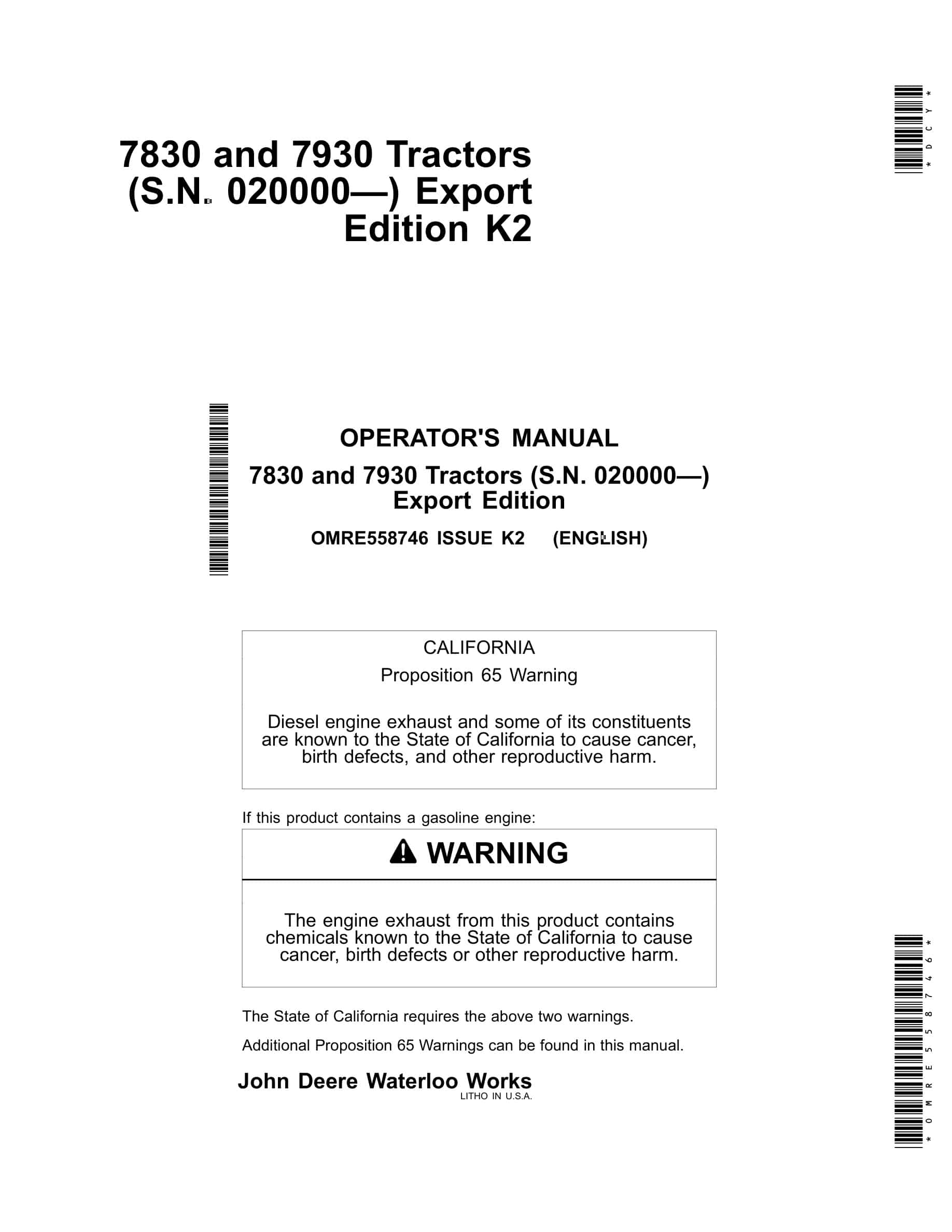 John Deere 7830 And 7930 Tractors Operator Manuals OMRE558746-1
