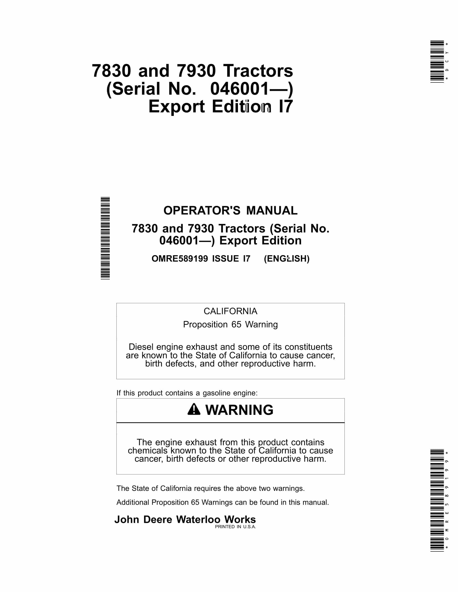 John Deere 7830 And 7930 Tractors Operator Manuals OMRE589199-1
