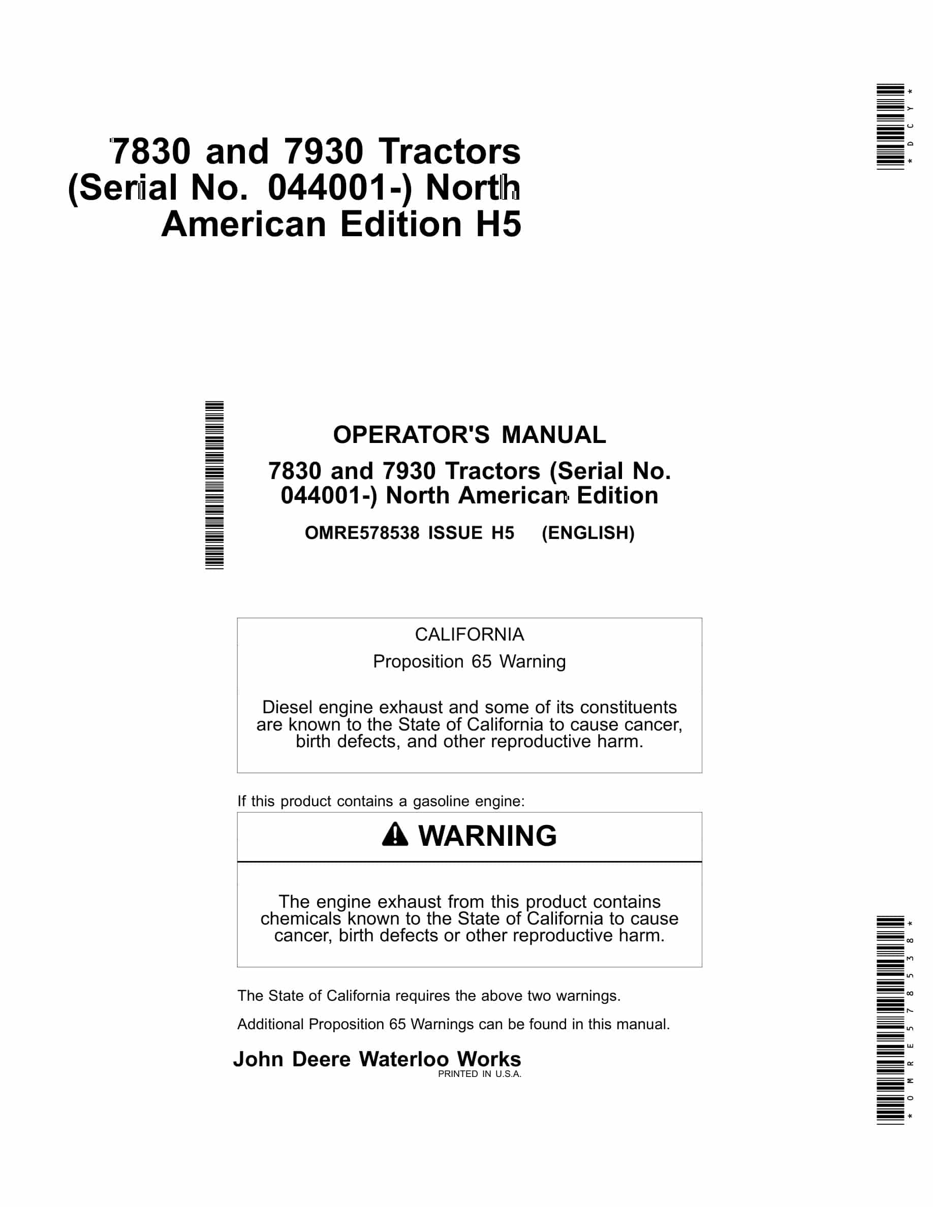 John Deere 7830 and 7930 Tractor Operator Manual OMRE578538-1