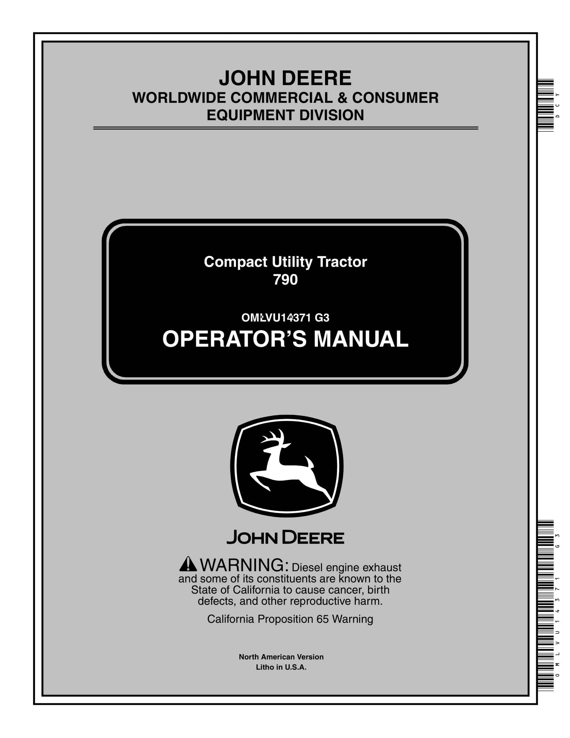 John Deere 790 Tractor Operator Manual OMLVU14371-1