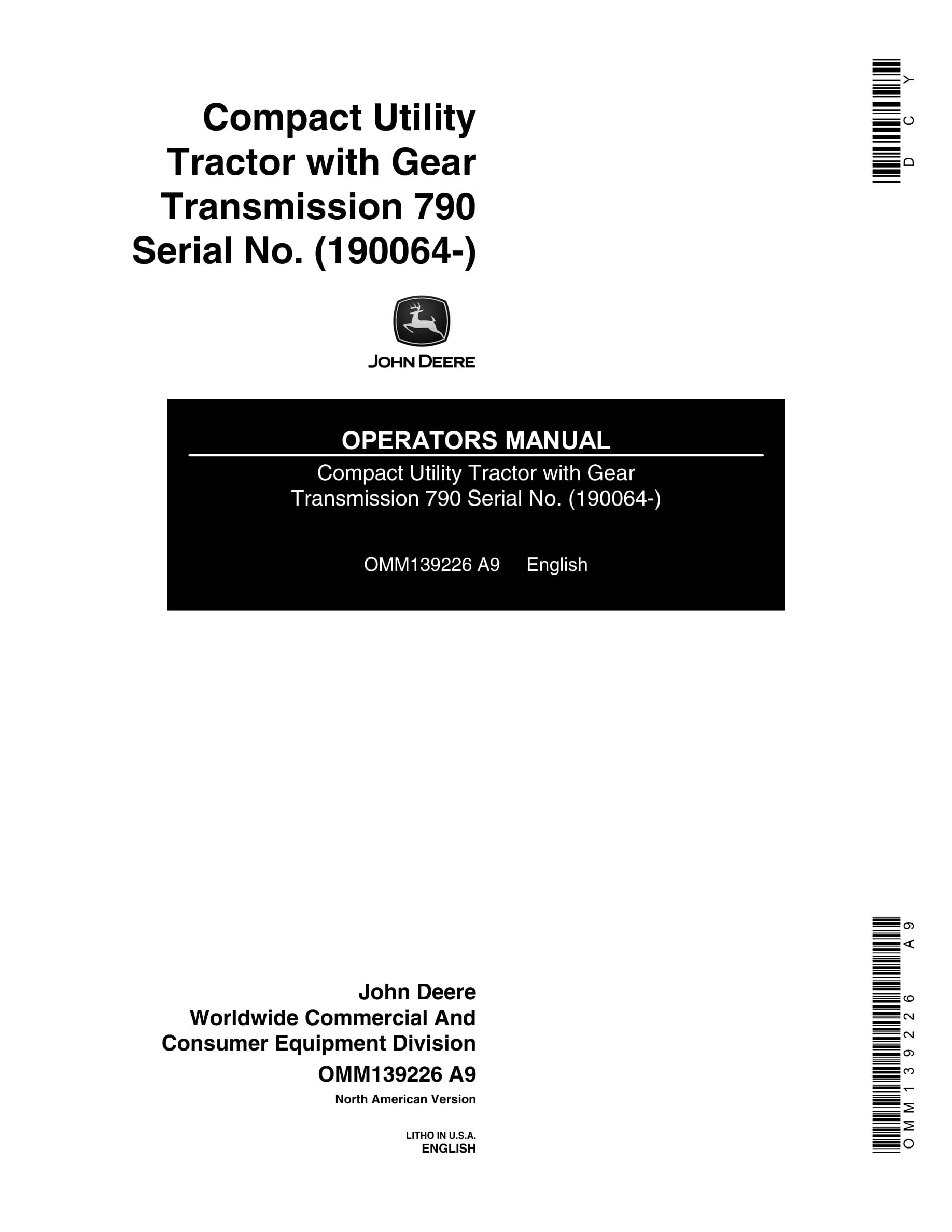 John Deere 790 Tractor Operator Manual OMM139226-1