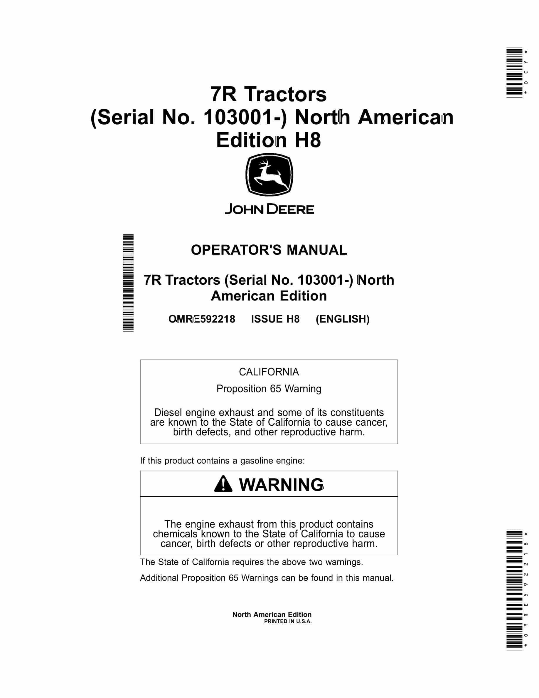 John Deere 7R Tractor Operator Manual OMRE592218-1