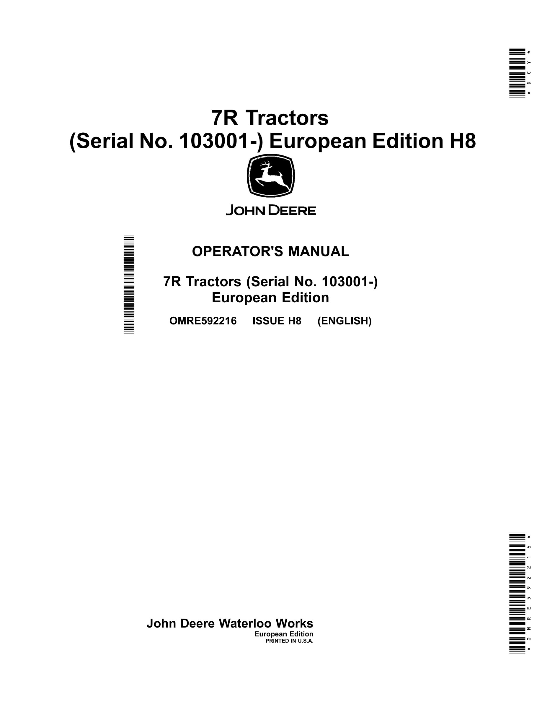 John Deere 7r Tractors Operator Manuals OMRE592216-1