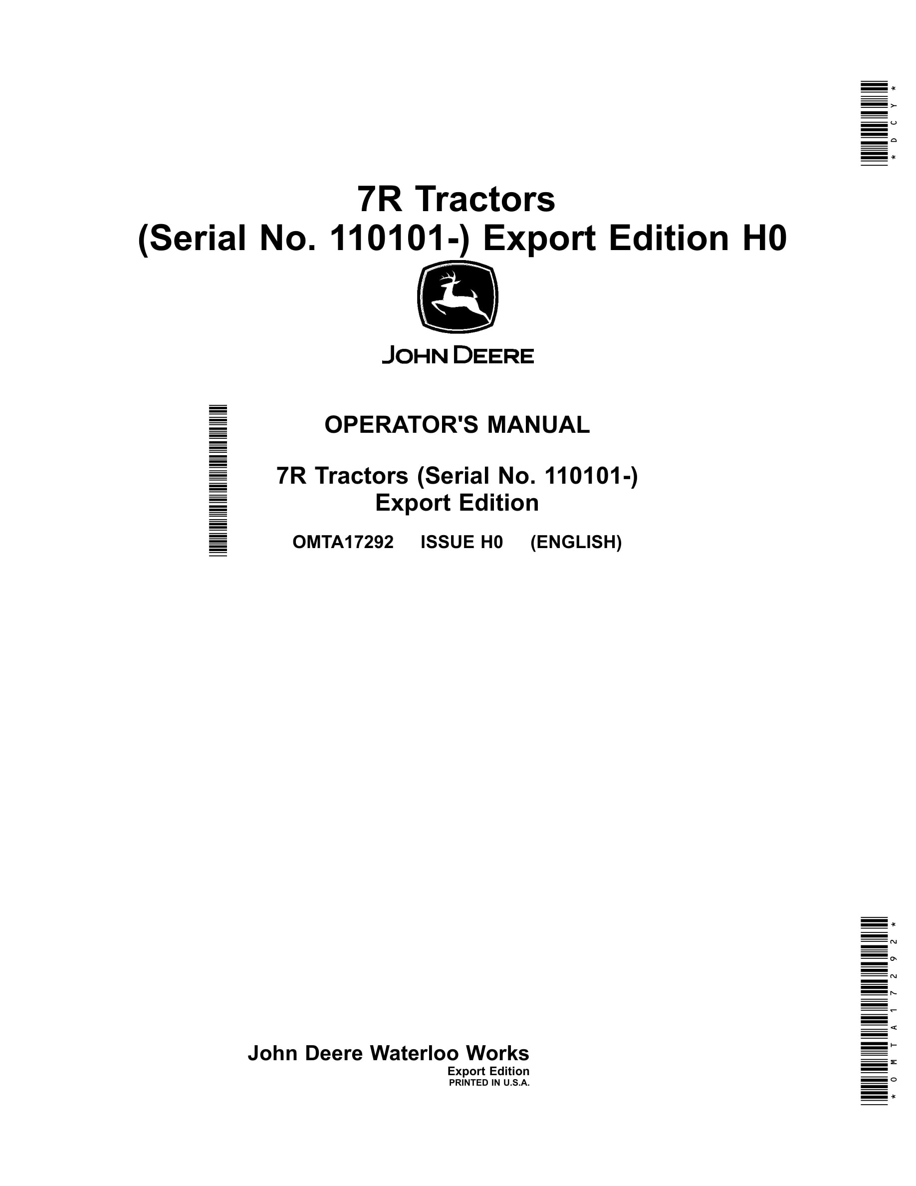 John Deere 7r Tractors Operator Manuals OMTA17292-1