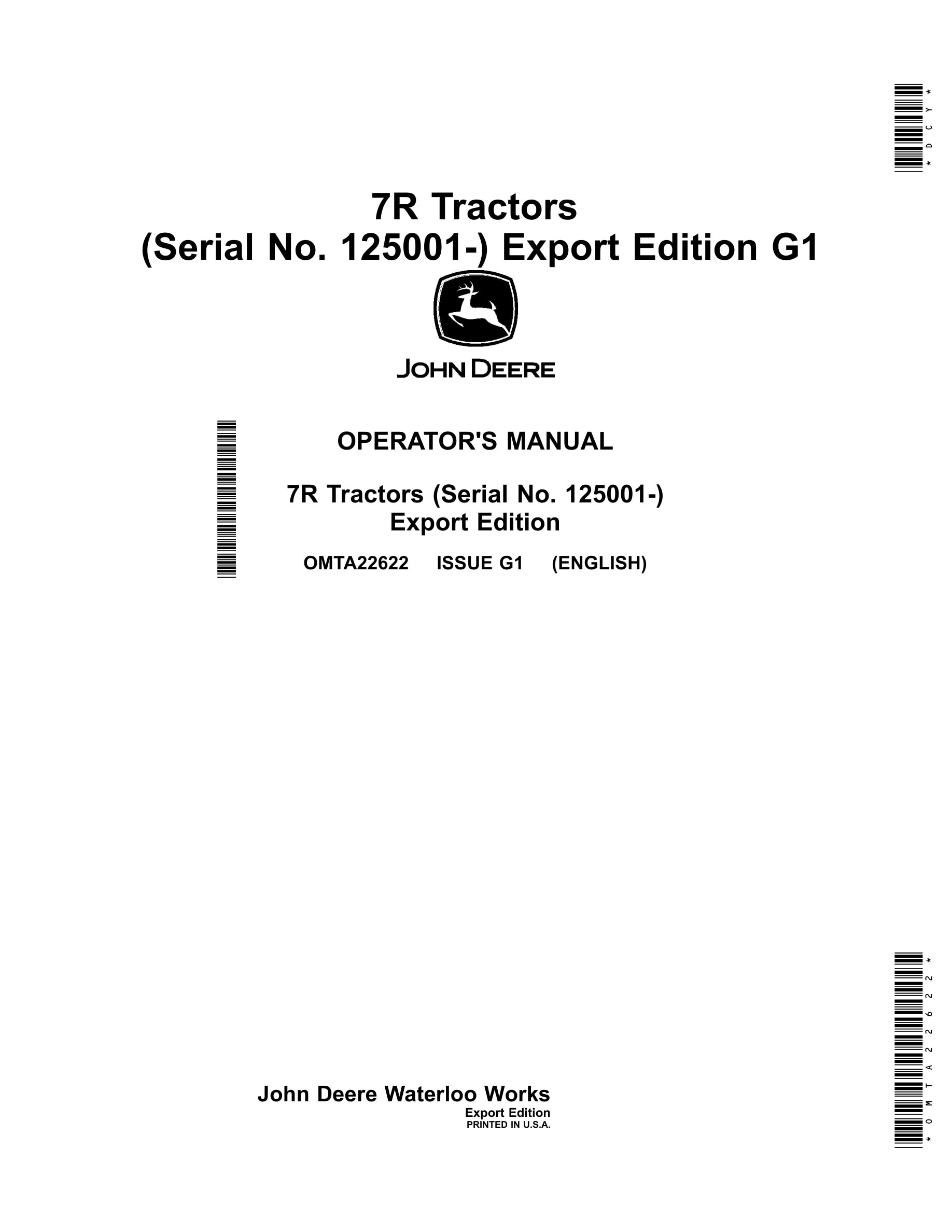 John Deere 7r Tractors Operator Manuals OMTA22622-1
