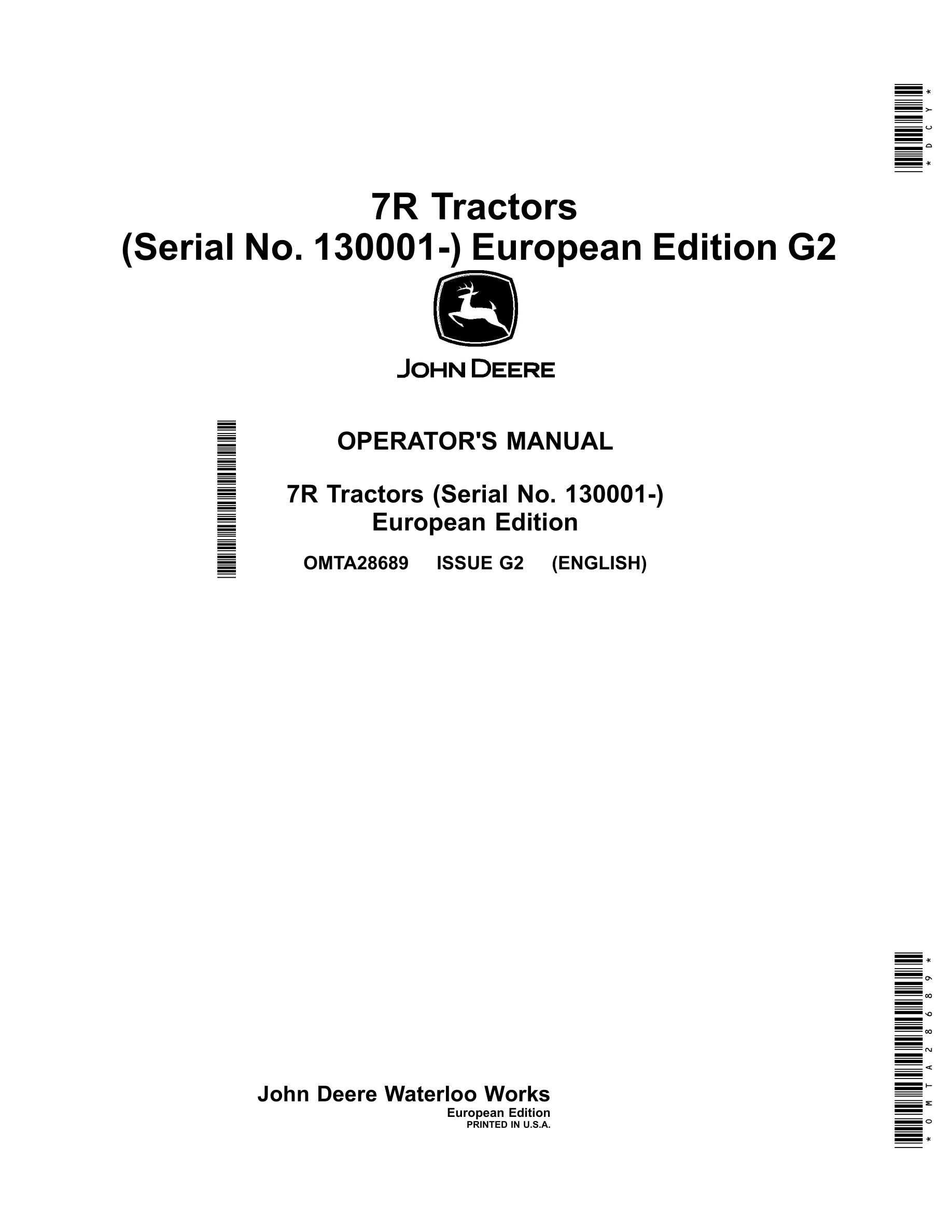 John Deere 7r Tractors Operator Manuals OMTA28689-1