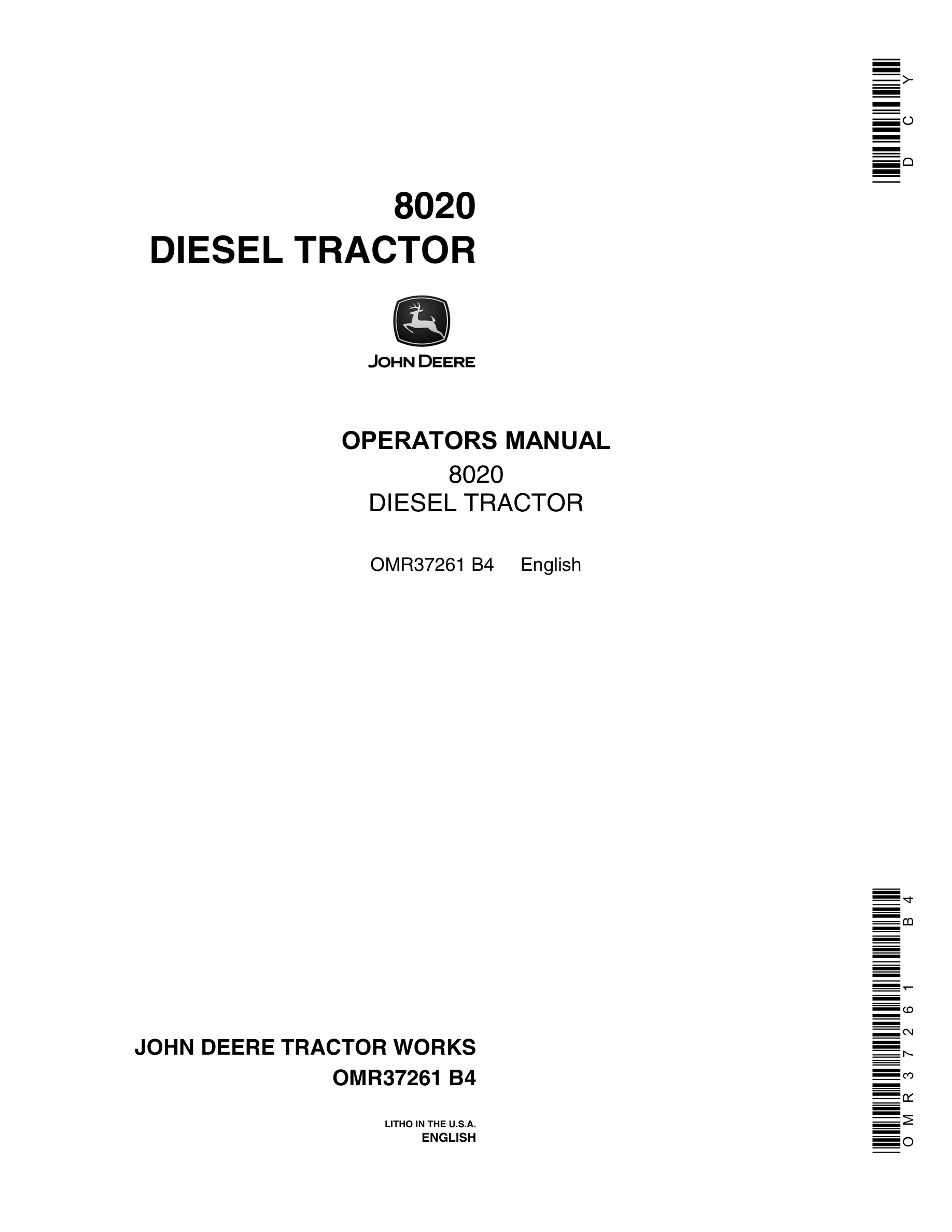 John Deere 8020 Tractor Operator Manual OMR37261-1