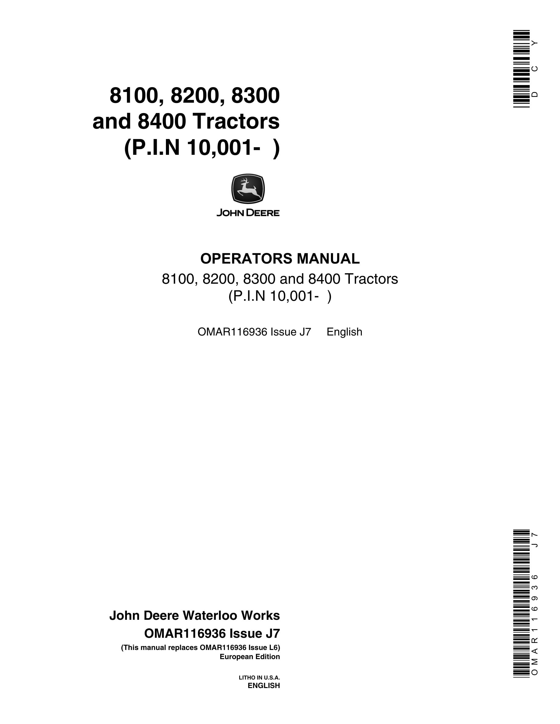 John Deere 8100, 8200, 8300 And 8400 Tractors Operator Manuals OMAR116936-1